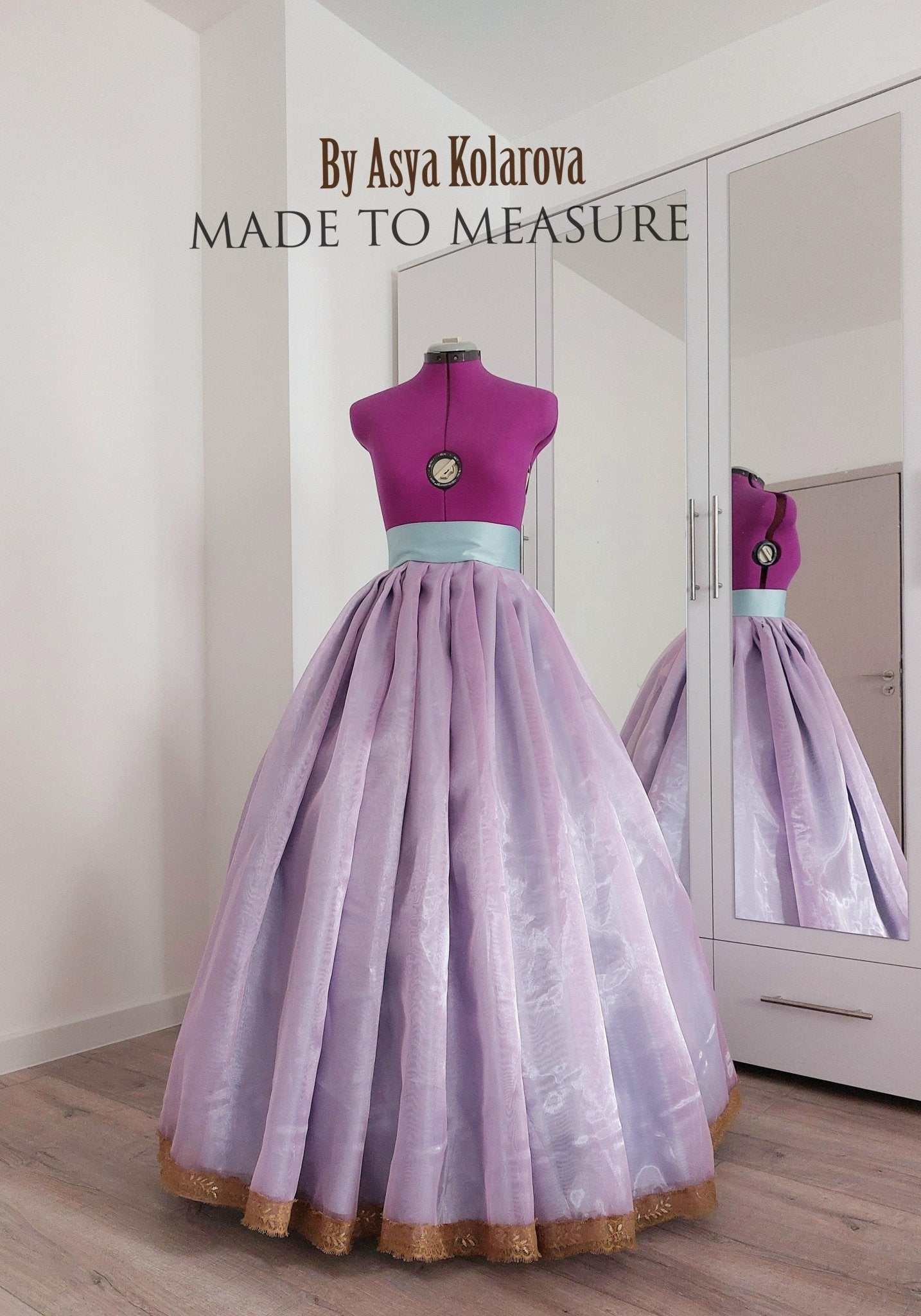 Organza Skirt with Satin Underlayer, Gold Lace Trim and Pleats - Wedding, Ball Gown, Special Occasion, Hoops Underskirt, Custom Made - Made To Measure By Asya Kolarova