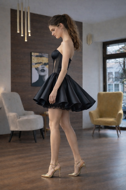 Black Corset Mini Dress – Structured Strapless Satin Dress with Sheer Panels & Volume Skirt