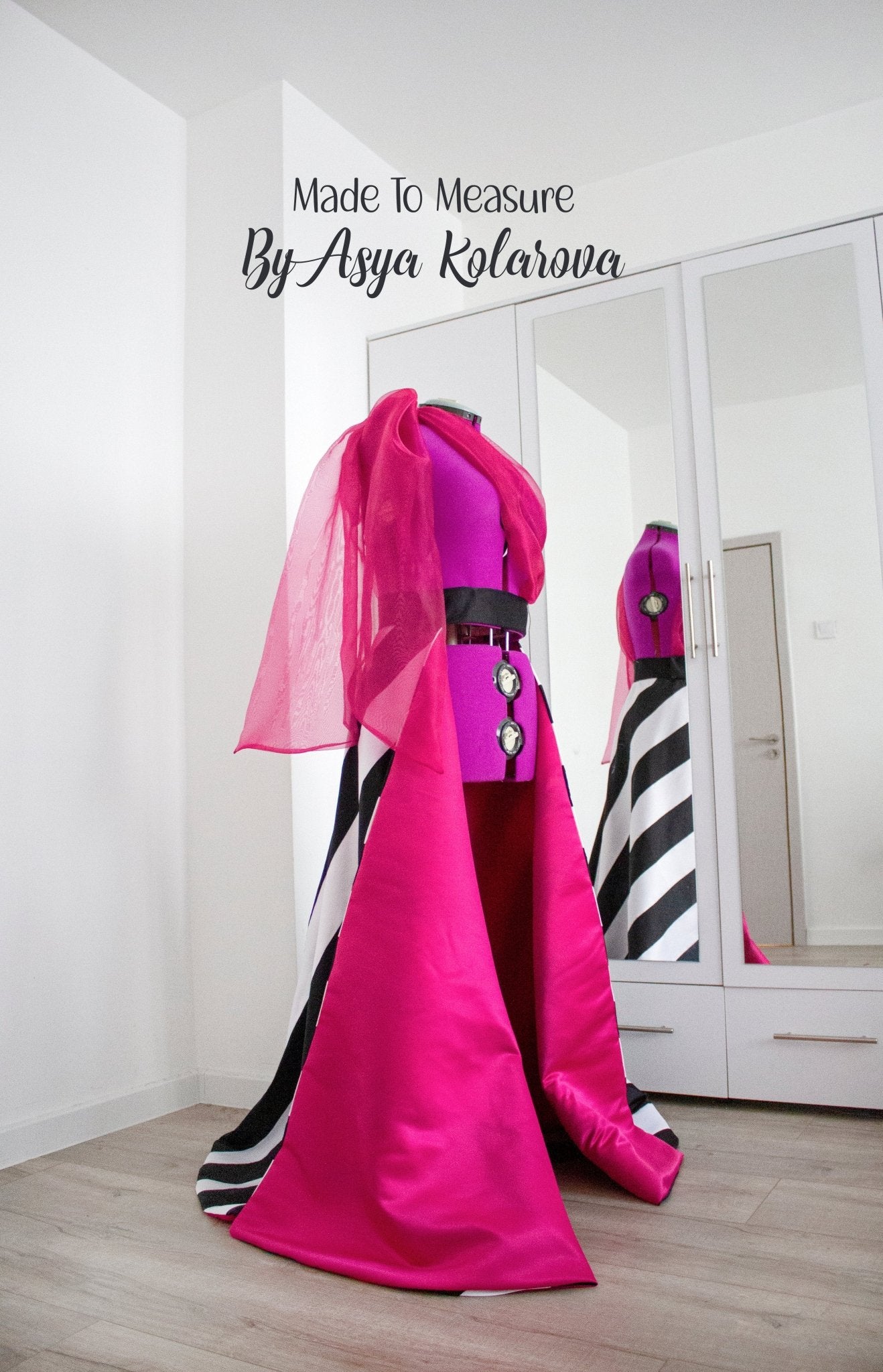 Striped Removable Skirt Open Overskirt Handmade Black and White Matte Satin Stripes Organza Sleeve Made To Measure By Asya Kolarova - Made To Measure By Asya Kolarova
