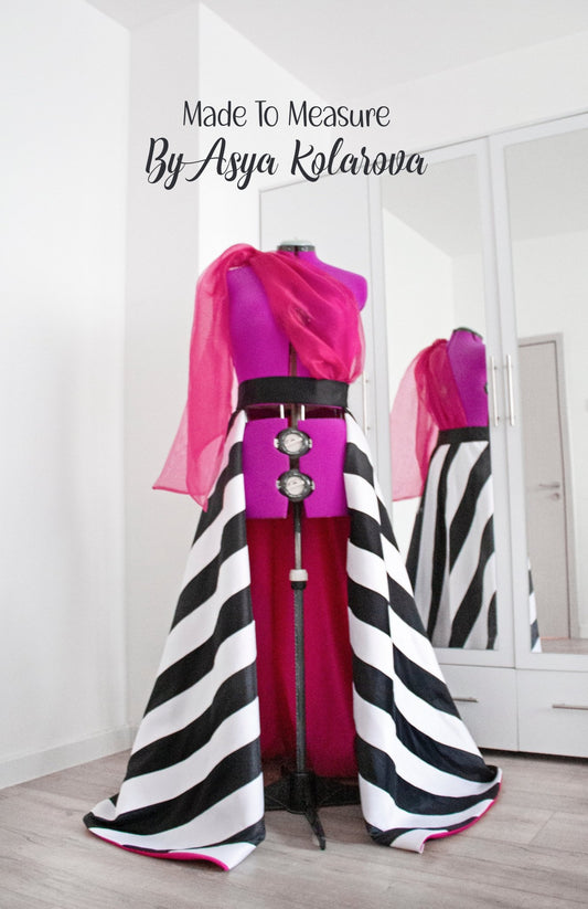 Striped Removable Skirt Open Overskirt Handmade Black and White Matte Satin Stripes Organza Sleeve Made To Measure By Asya Kolarova - Made To Measure By Asya Kolarova