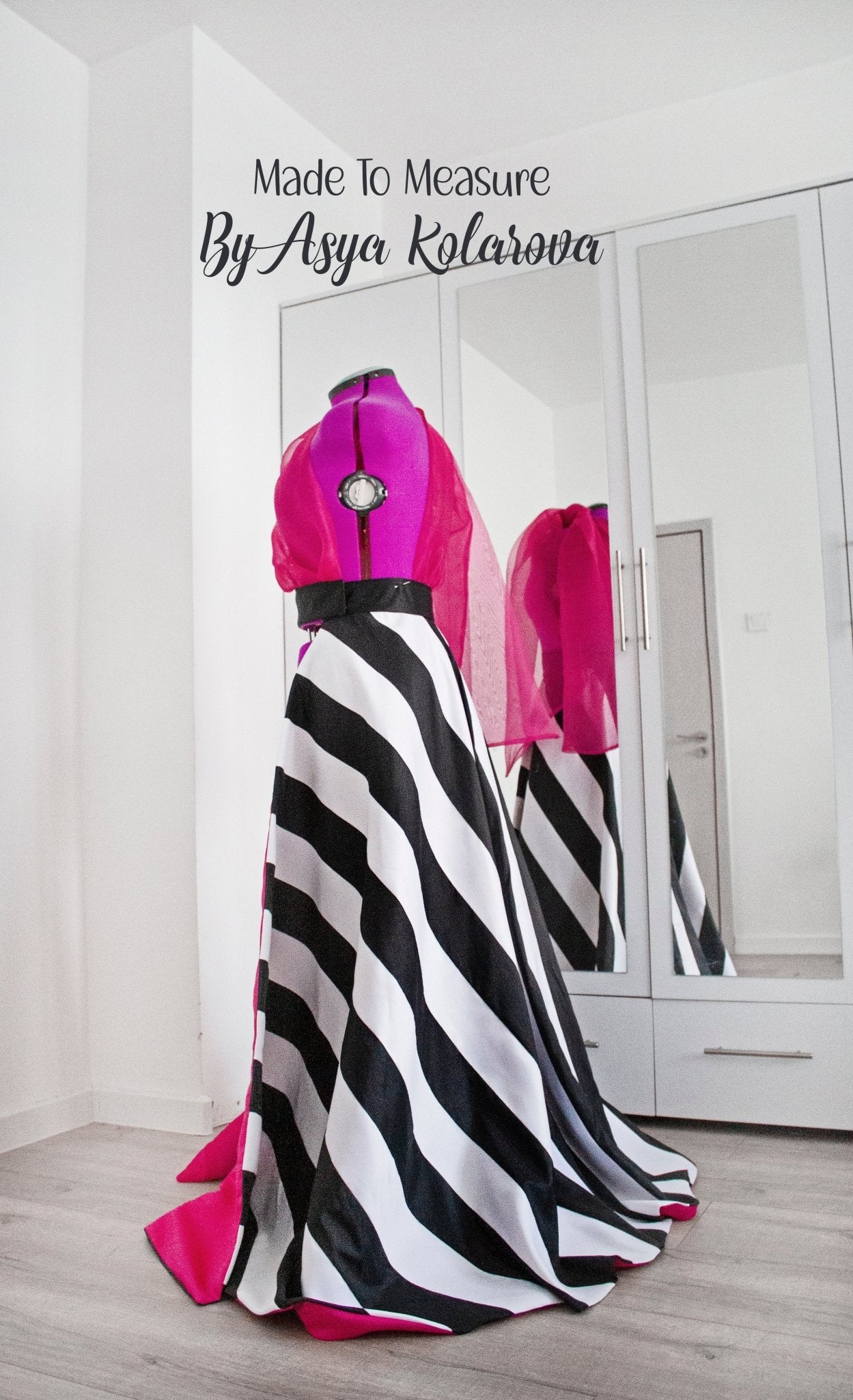 Striped Removable Skirt Open Overskirt Handmade Black and White Matte Satin Stripes Organza Sleeve Made To Measure By Asya Kolarova - Made To Measure By Asya Kolarova