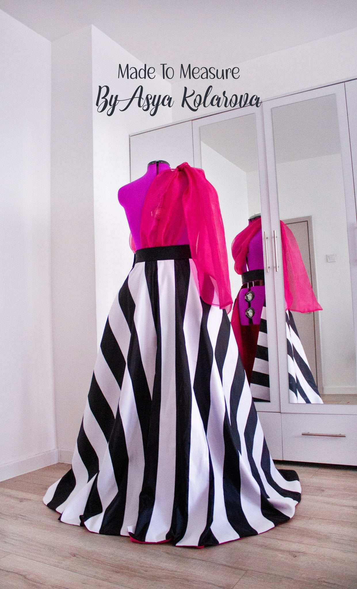 Striped Removable Skirt Open Overskirt Handmade Black and White Matte Satin Stripes Organza Sleeve Made To Measure By Asya Kolarova - Made To Measure By Asya Kolarova