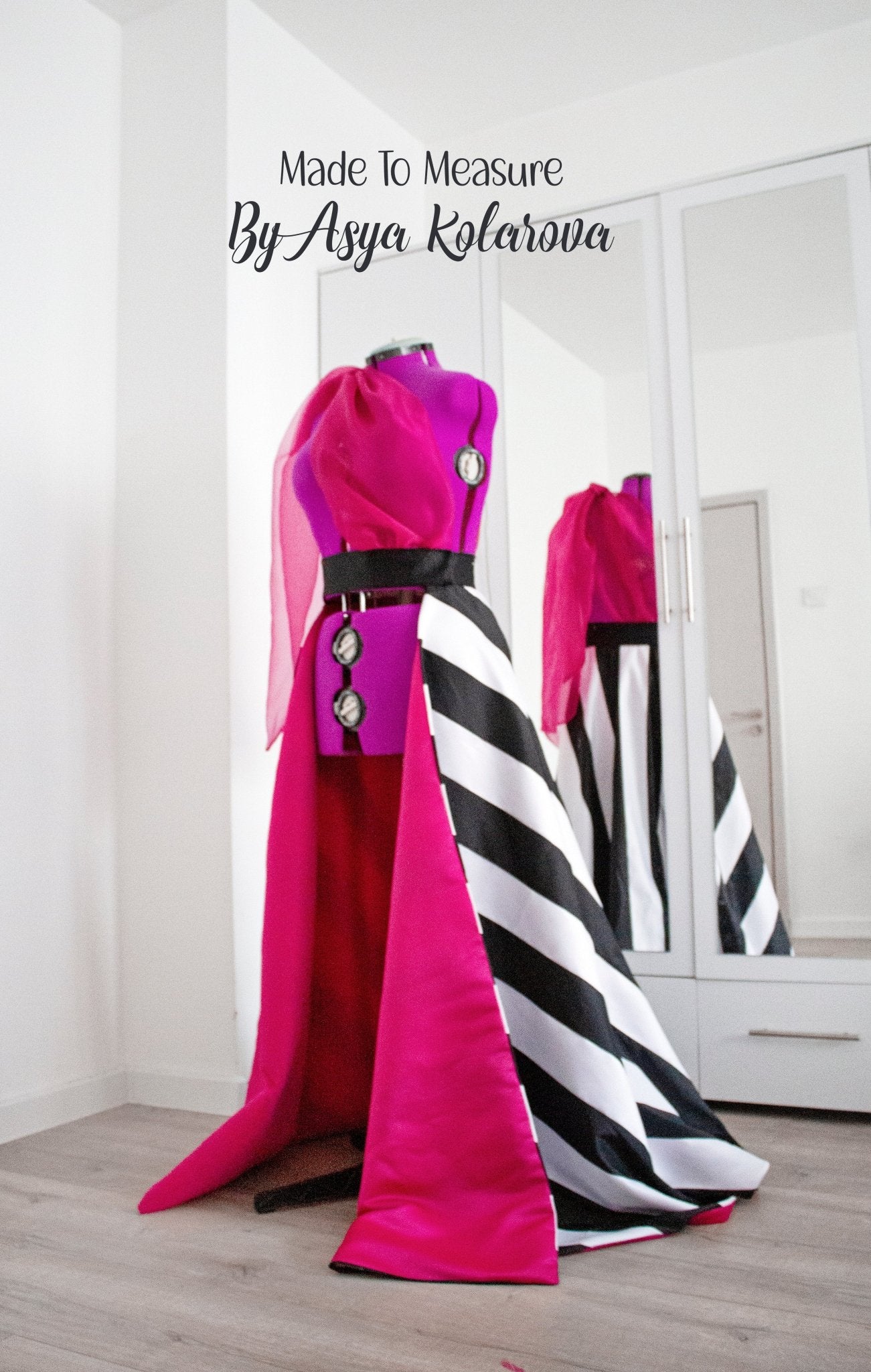 Striped Removable Skirt Open Overskirt Handmade Black and White Matte Satin Stripes Organza Sleeve Made To Measure By Asya Kolarova - Made To Measure By Asya Kolarova