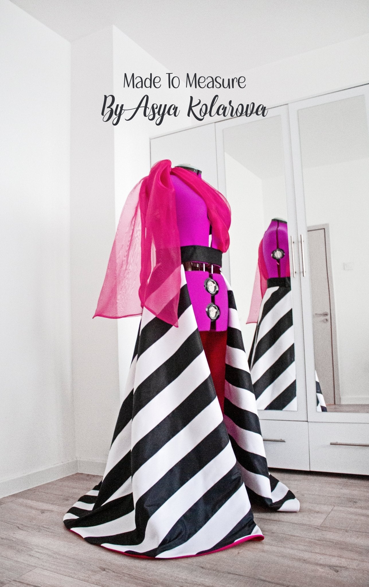 Striped Removable Skirt Open Overskirt Handmade Black and White Matte Satin Stripes Organza Sleeve Made To Measure By Asya Kolarova - Made To Measure By Asya Kolarova
