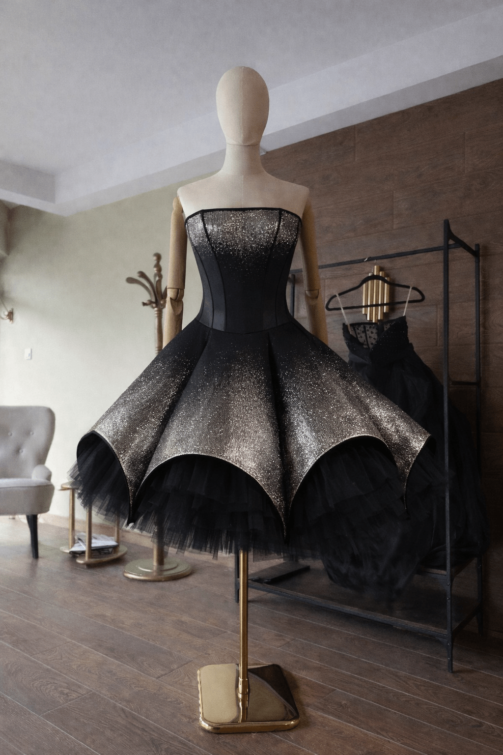 Architectural Corset Dress in Black & Silver