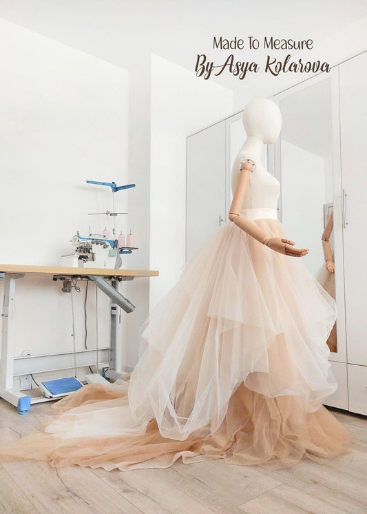 Wedding Tulle Skirt with Train Beige & Ivory Color Combination Long Draped Skirt Photo Session Ceremony Photoshoot Bridal Gown Separate - Made To Measure Skirts By Asya Kolarova