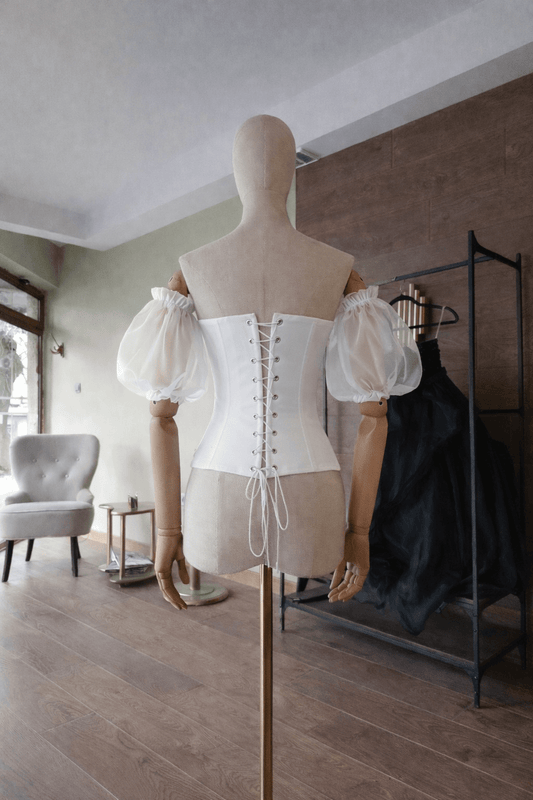 White Hourglass Corset Satin Top – Quilted Cups, Lace - Up Back Bustier, Organza Puffy Sleeves - By Asya Kolarova