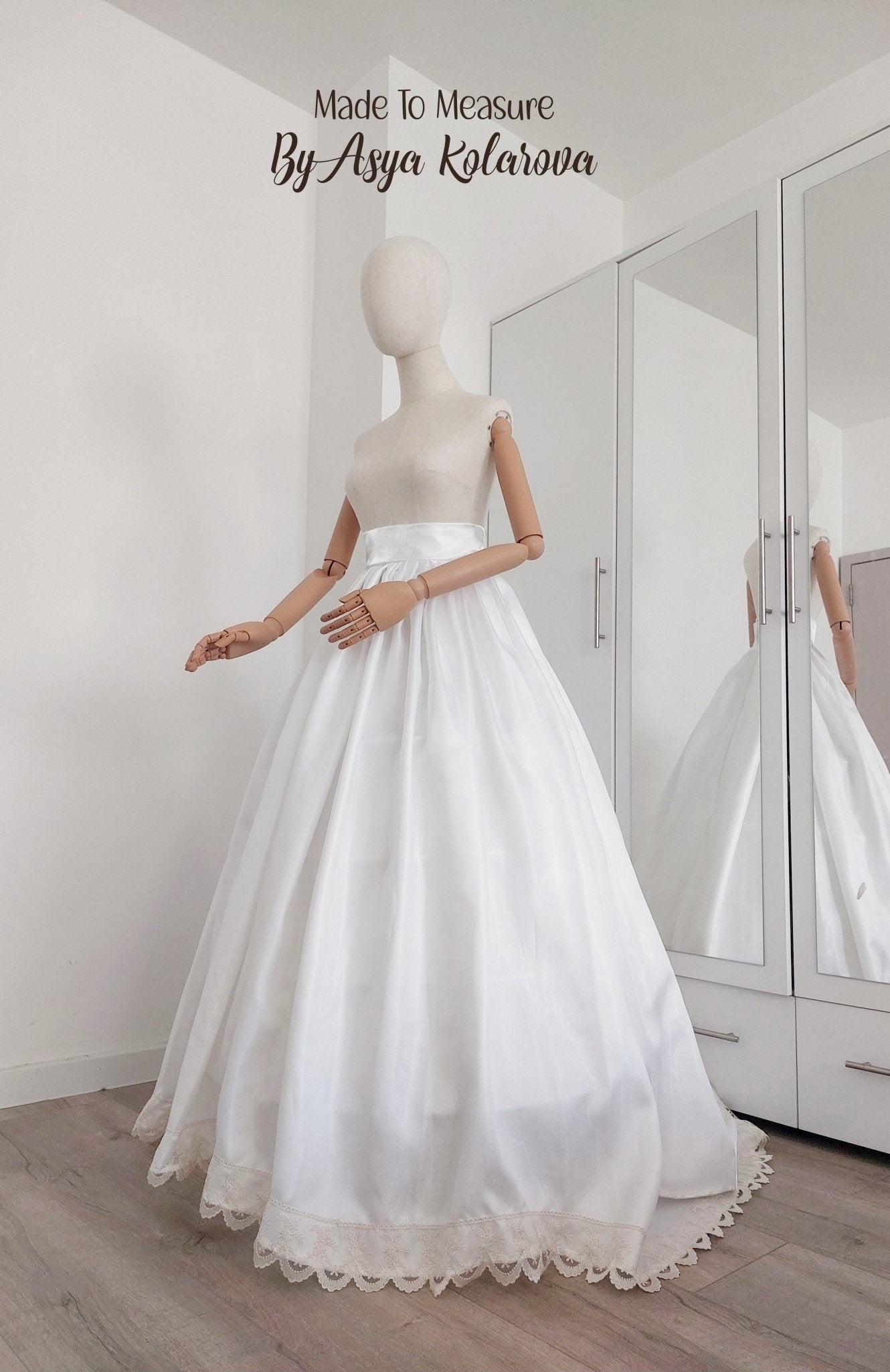 White Wedding Skirt – Solid Organza – Pleated Waist – Ivory Lace Trim – Custom Size – Elegant Bridal Skirt – Back Zipper – Lined - Made To Measure By Asya Kolarova