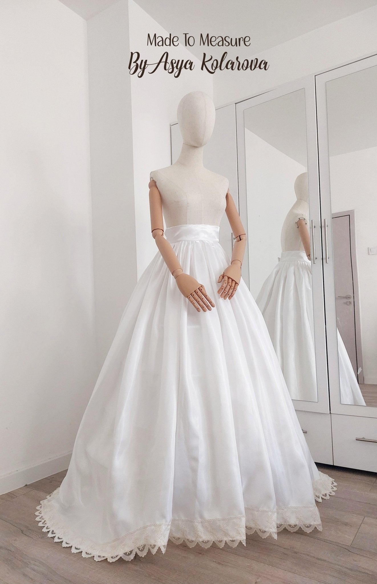 White Wedding Skirt – Solid Organza – Pleated Waist – Ivory Lace Trim – Custom Size – Elegant Bridal Skirt – Back Zipper – Lined - Made To Measure By Asya Kolarova