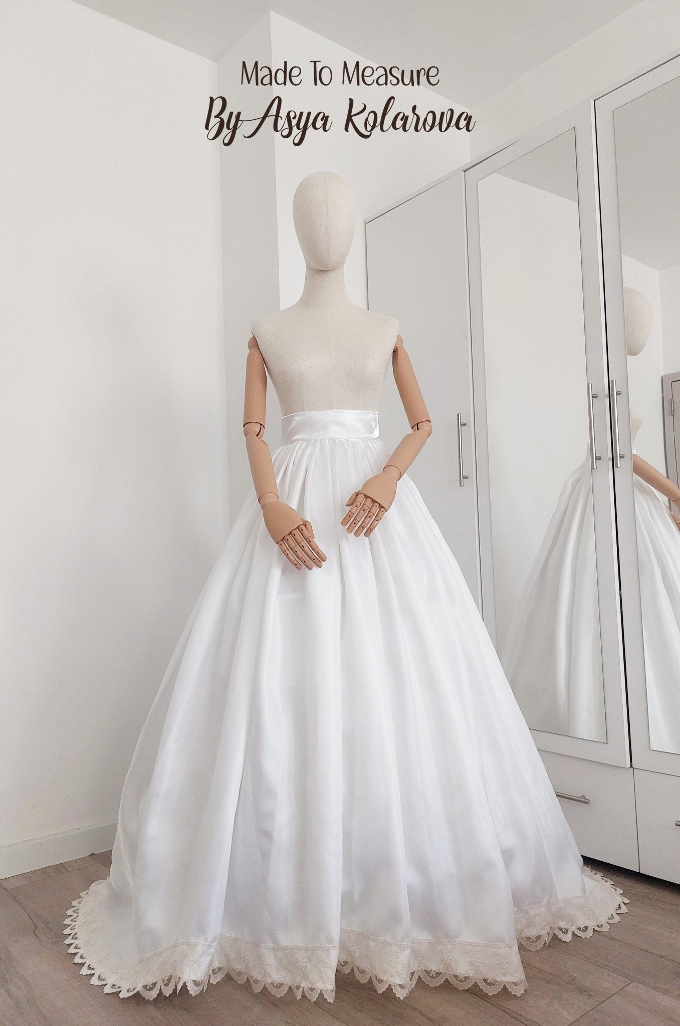 White Wedding Skirt – Solid Organza – Pleated Waist – Ivory Lace Trim – Custom Size – Elegant Bridal Skirt – Back Zipper – Lined - Made To Measure By Asya Kolarova