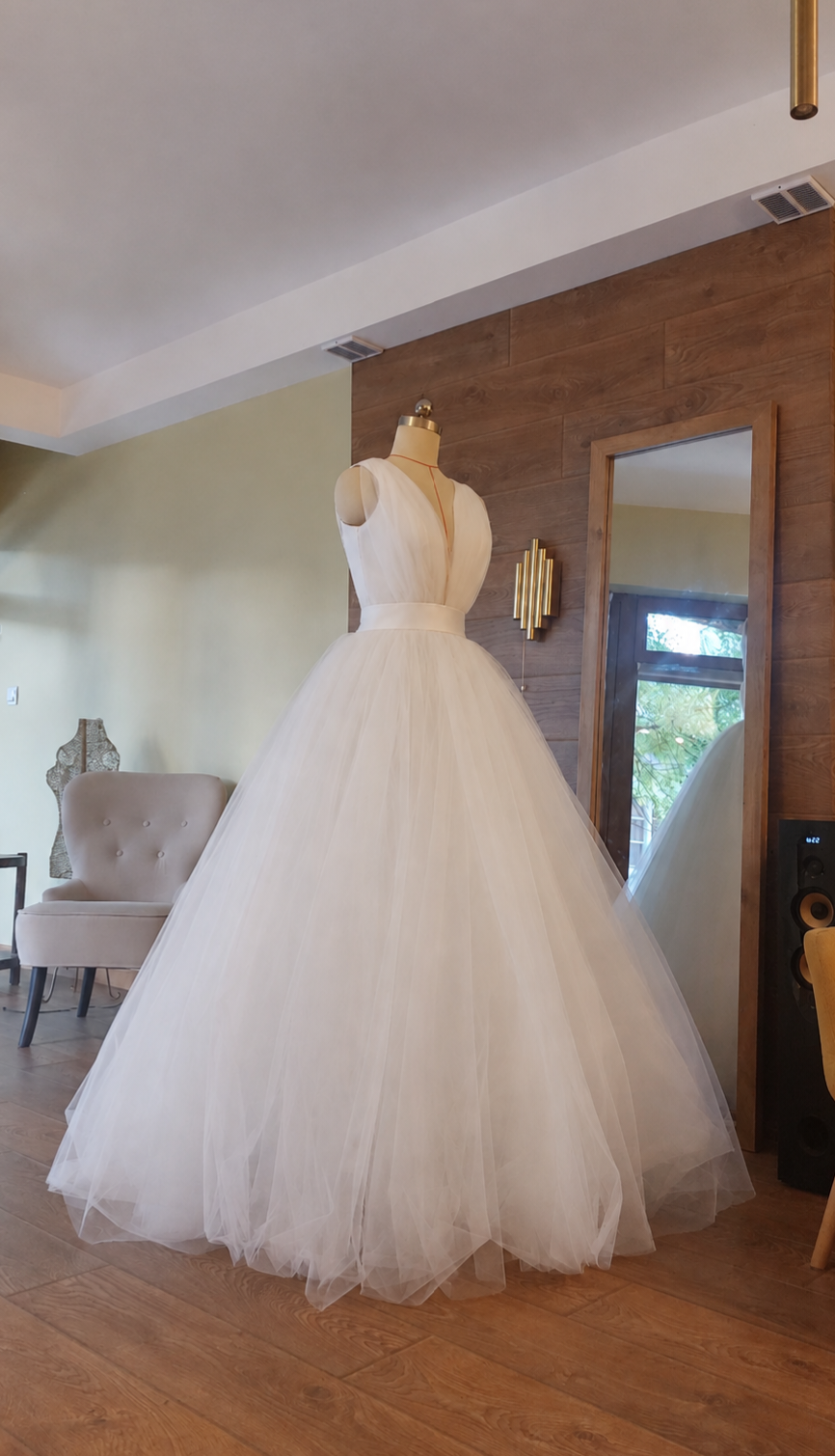 Tulle & Mikado Wedding Gown with Deep V-Neckline