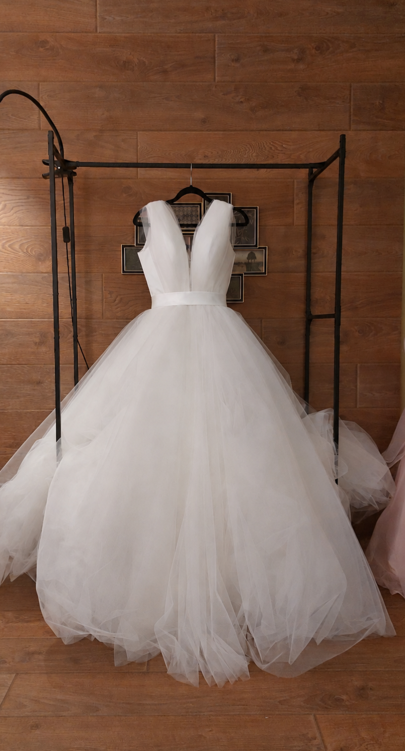 Tulle & Mikado Wedding Gown with Deep V-Neckline