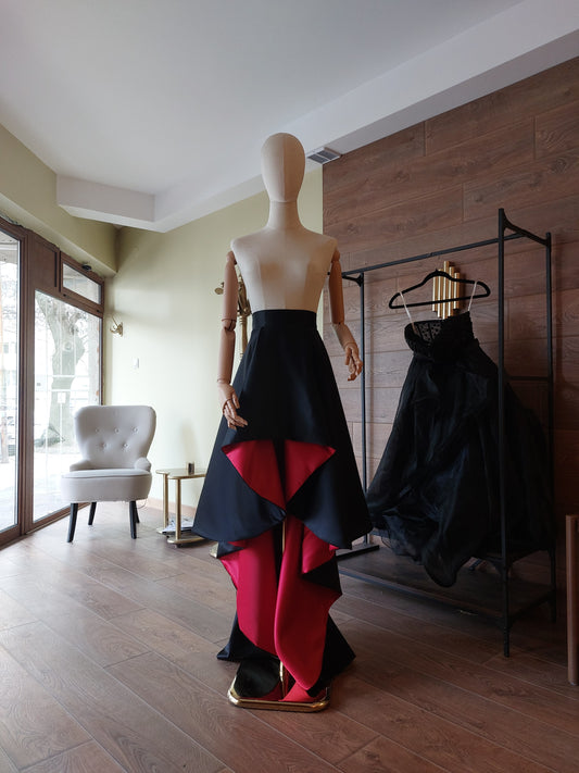 Asymmetrical Satin Skirt: Black / Red Formal Gown, Formal Evening Wear Custom Dress Separate