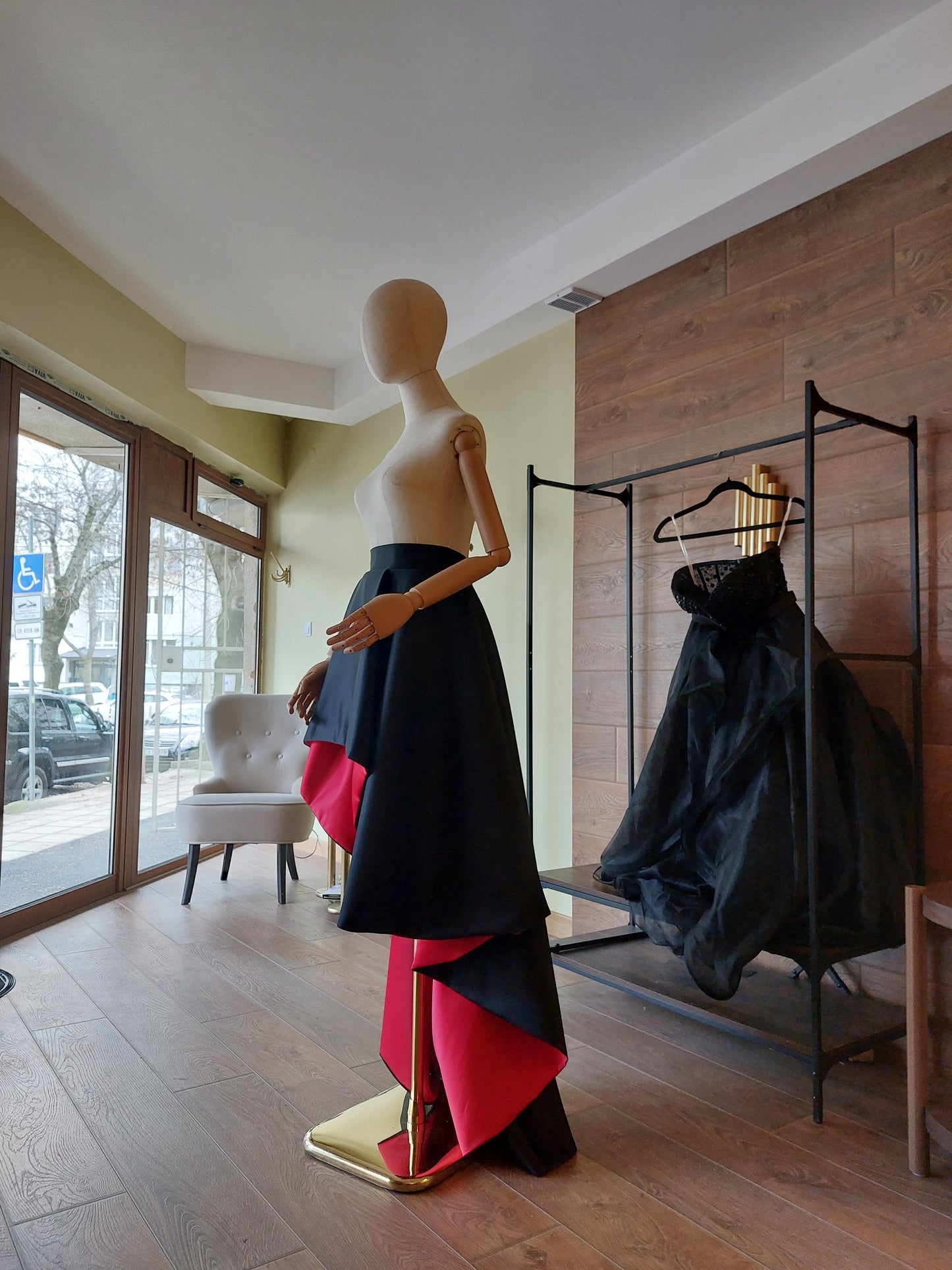 Asymmetrical Satin Skirt: Black / Red Formal Gown, Formal Evening Wear Custom Dress Separate