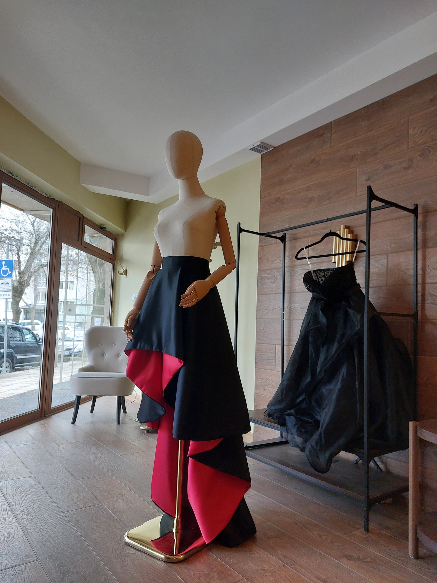 Asymmetrical Satin Skirt: Black / Red Formal Gown, Formal Evening Wear Custom Dress Separate