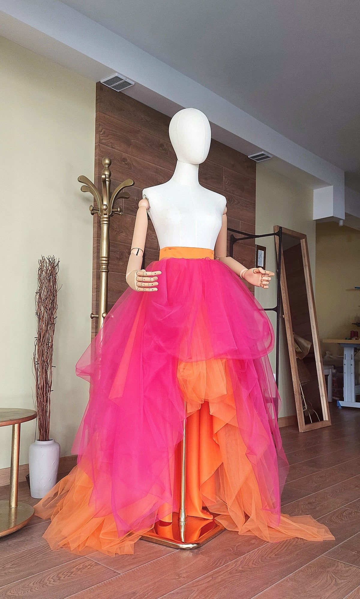 Fuchsia & Orange High-Low Statement Skirt with Cascading Layers