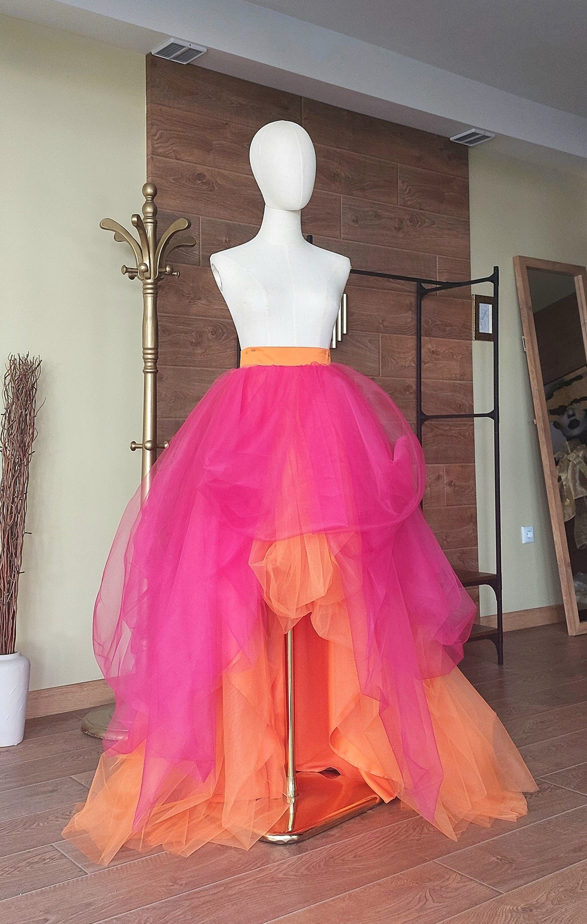 Fuchsia & Orange High-Low Statement Skirt with Cascading Layers