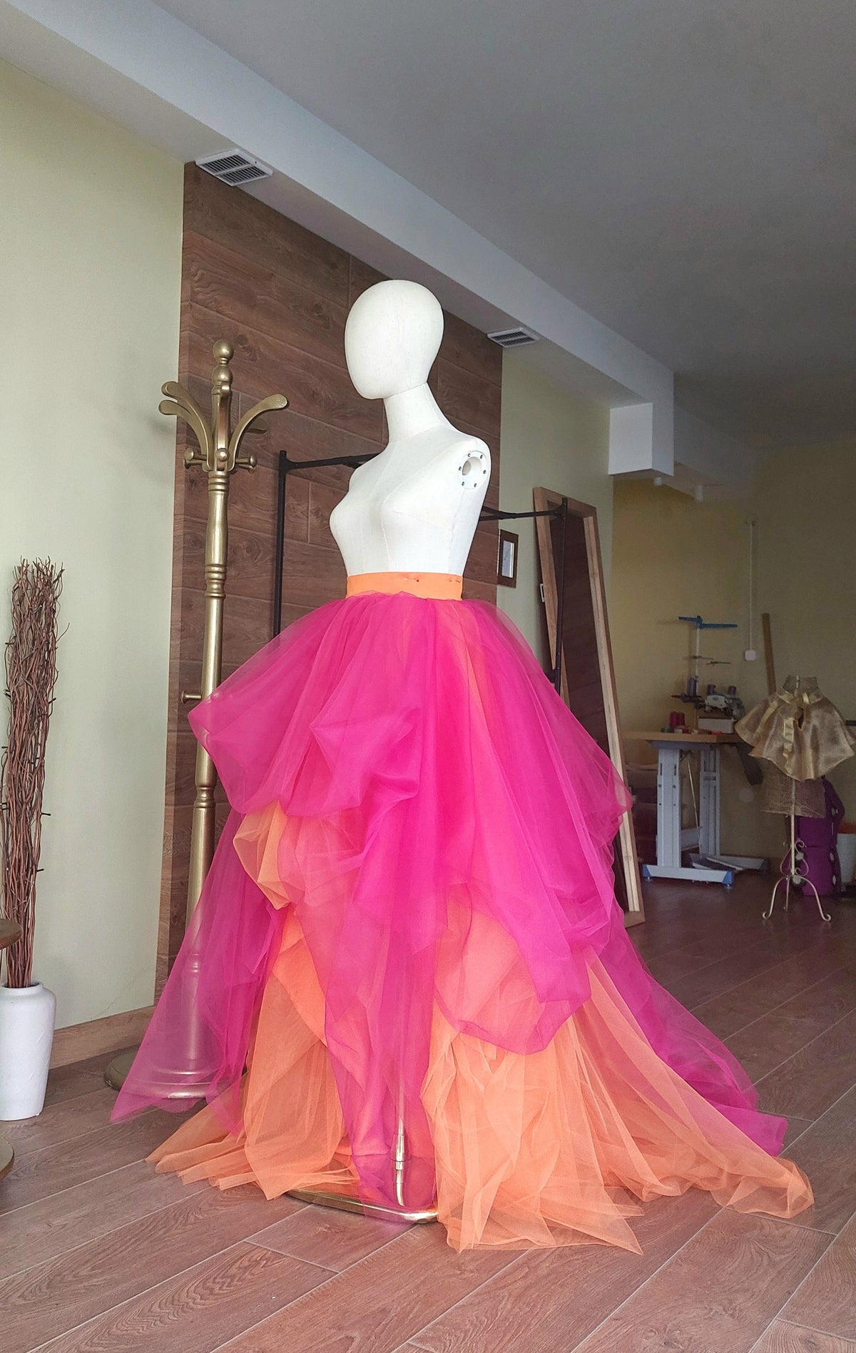 Fuchsia & Orange High-Low Statement Skirt with Cascading Layers