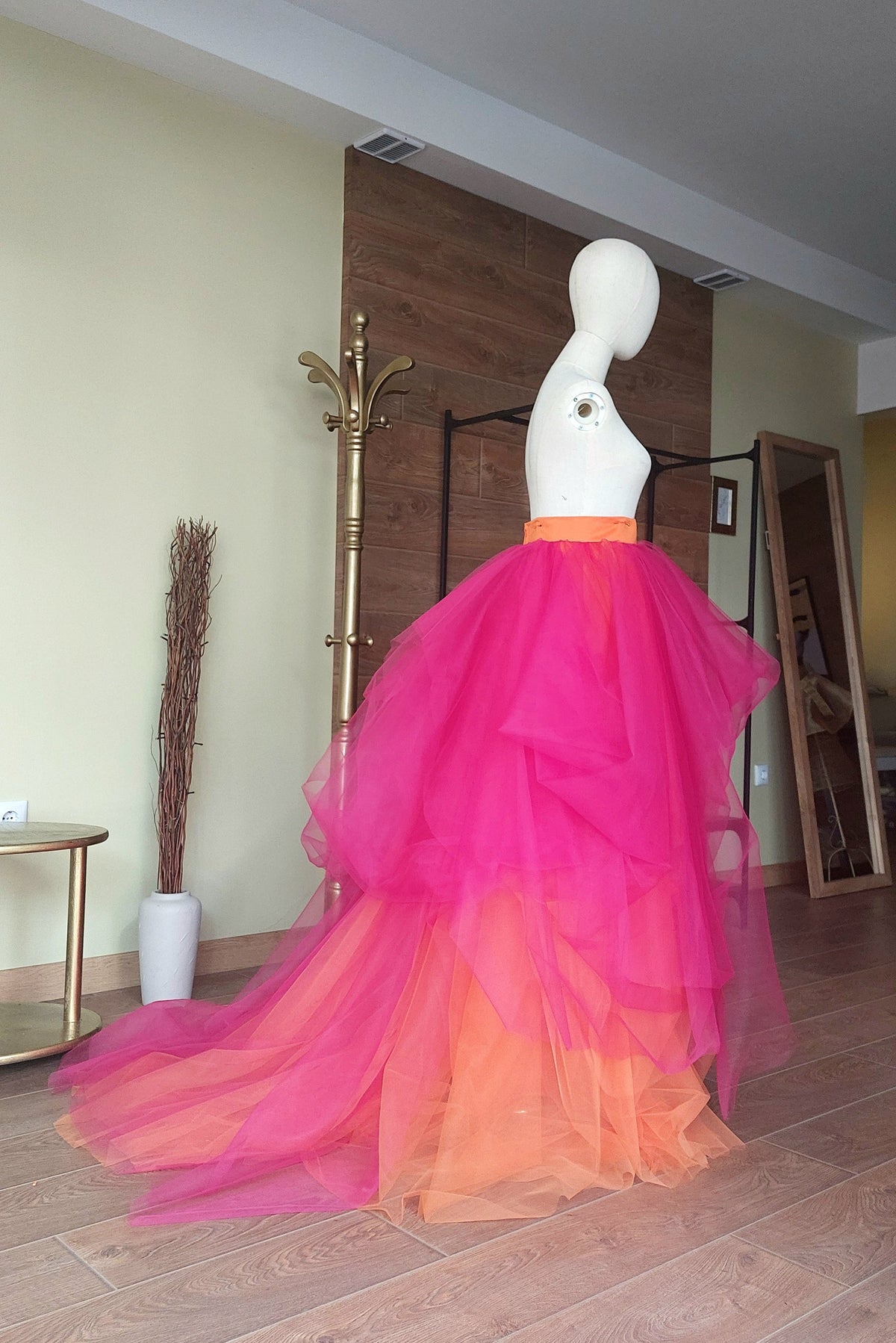 Fuchsia & Orange High-Low Statement Skirt with Cascading Layers