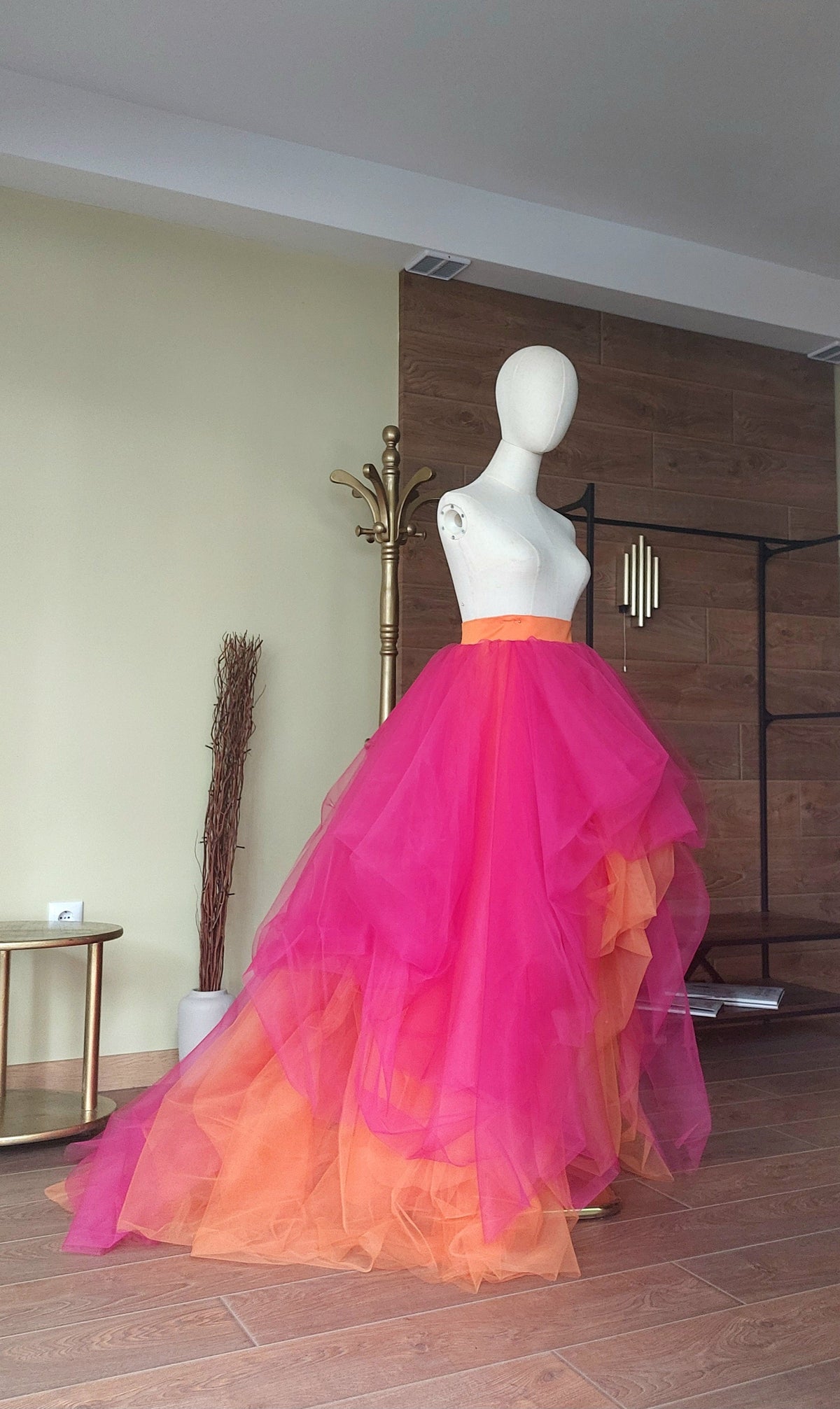 Fuchsia & Orange High-Low Statement Skirt with Cascading Layers