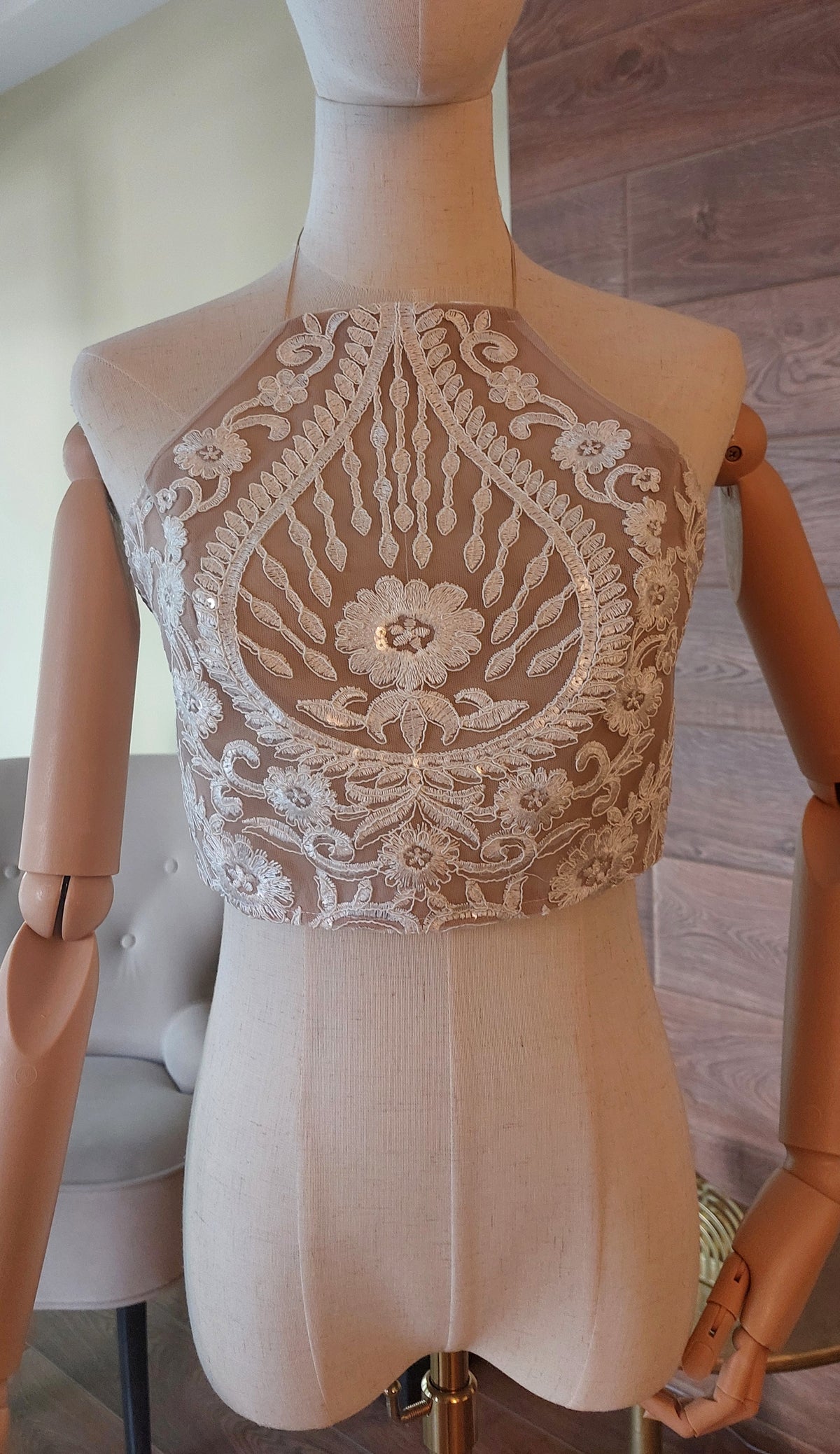 Bridal Lace Top, Halter Neck Wedding Crop Top, Open Back Bridal Top, Nude Illusion Lace Bodice, Wedding Separates
