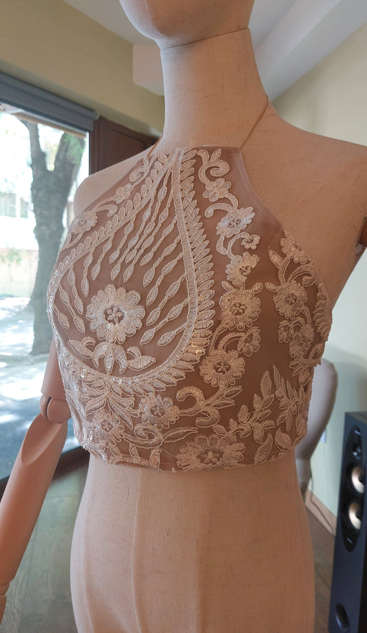 Bridal Lace Top, Halter Neck Wedding Crop Top, Open Back Bridal Top, Nude Illusion Lace Bodice, Wedding Separates