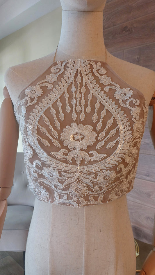 Bridal Lace Top, Halter Neck Wedding Crop Top, Open Back Bridal Top, Nude Illusion Lace Bodice, Wedding Separates