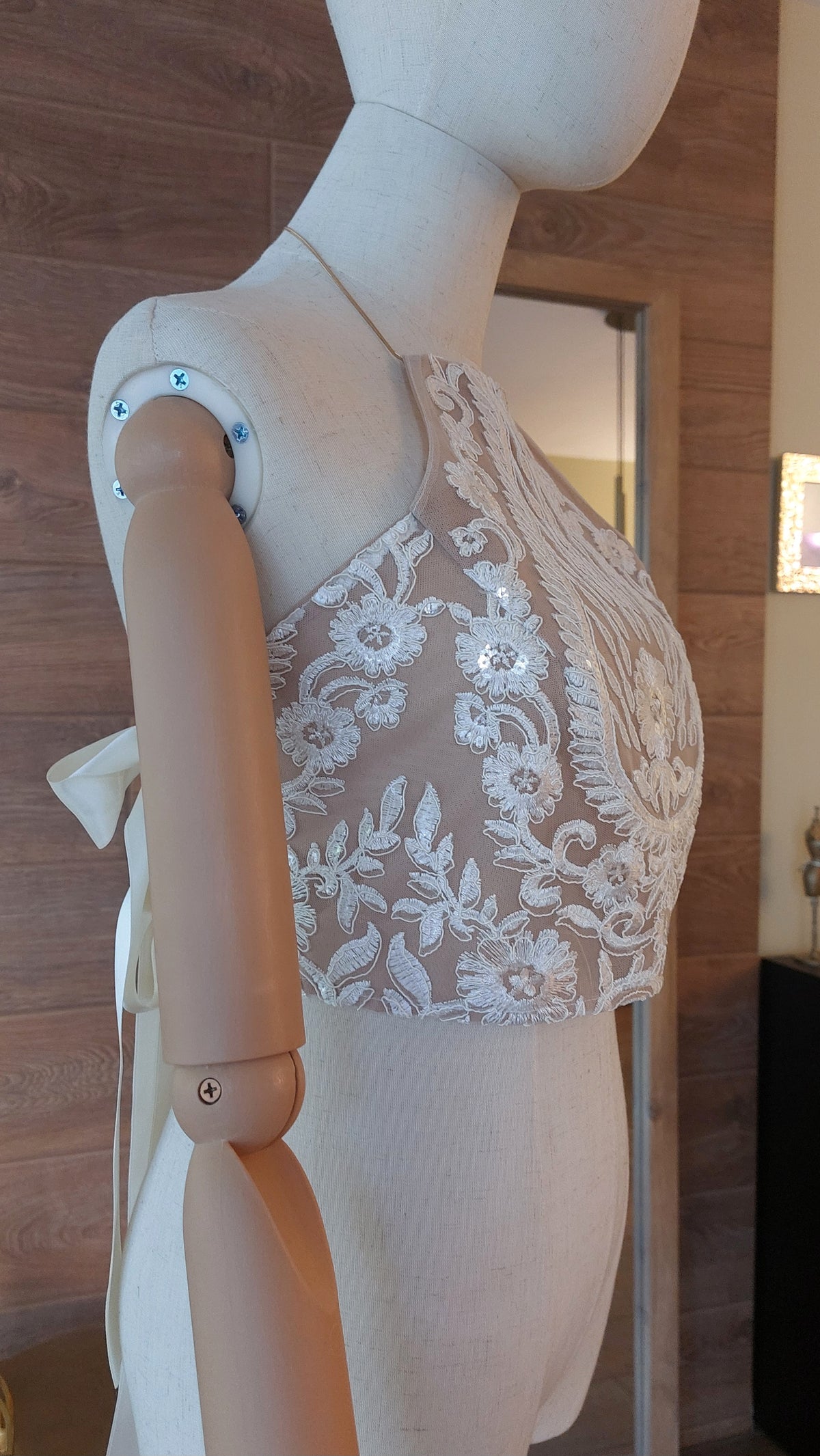 Bridal Lace Top, Halter Neck Wedding Crop Top, Open Back Bridal Top, Nude Illusion Lace Bodice, Wedding Separates