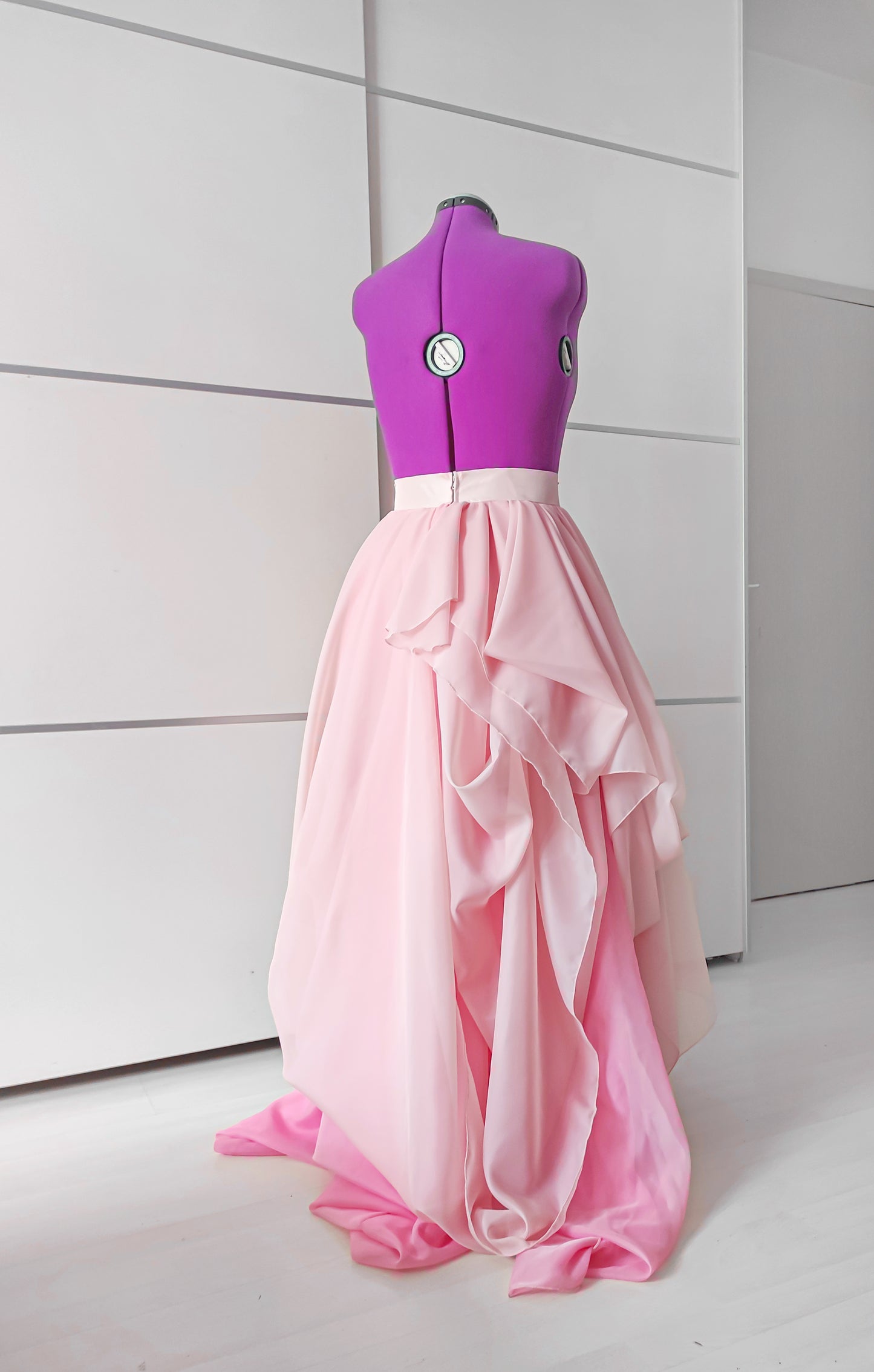 Asymmetrical Draped Skirt - Short Front, Long Back, Sheer Layers in Nude and Rose Pink with Lining Custom by Asya Kolarova