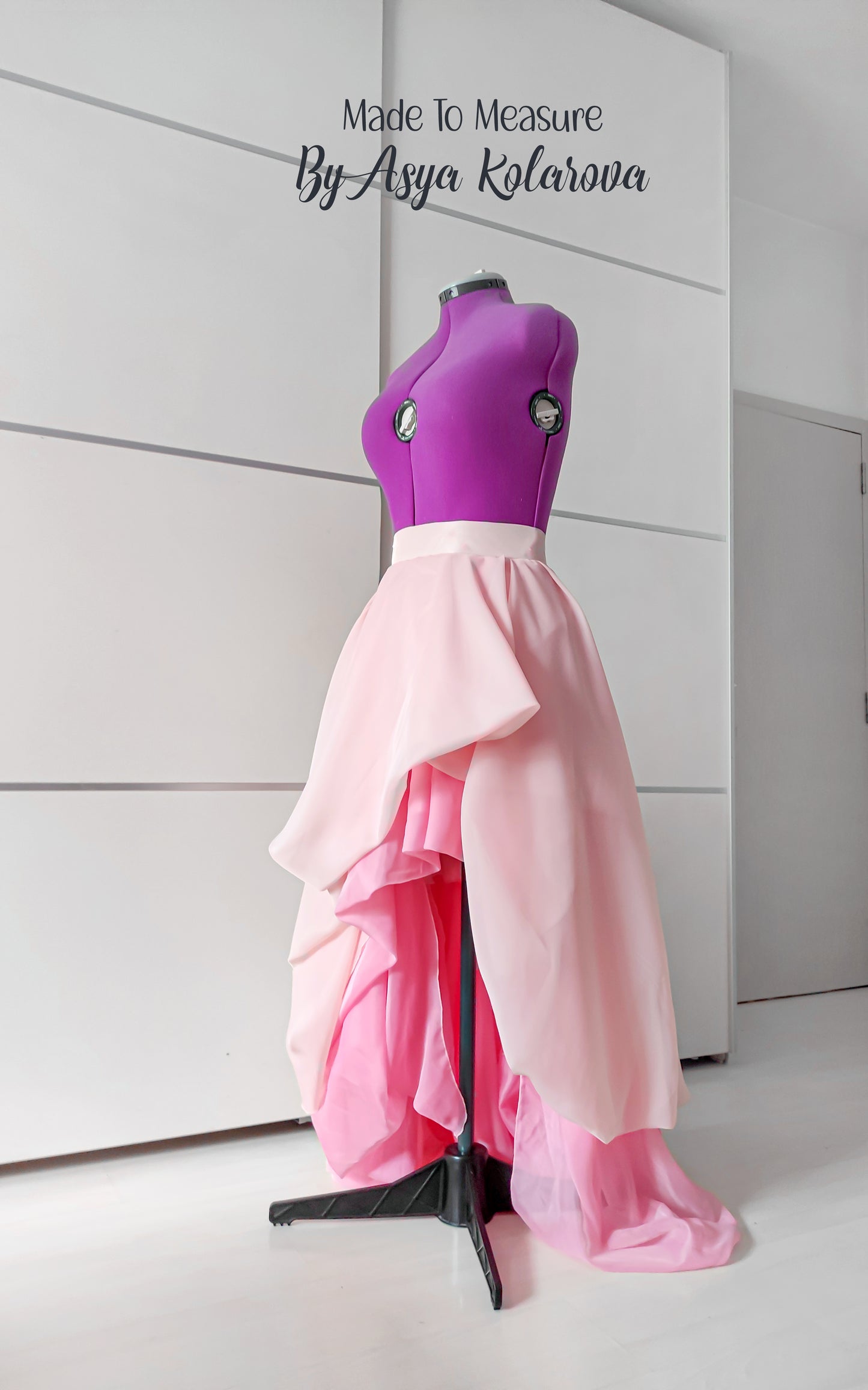 Asymmetrical Draped Skirt - Short Front, Long Back, Sheer Layers in Nude and Rose Pink with Lining Custom by Asya Kolarova