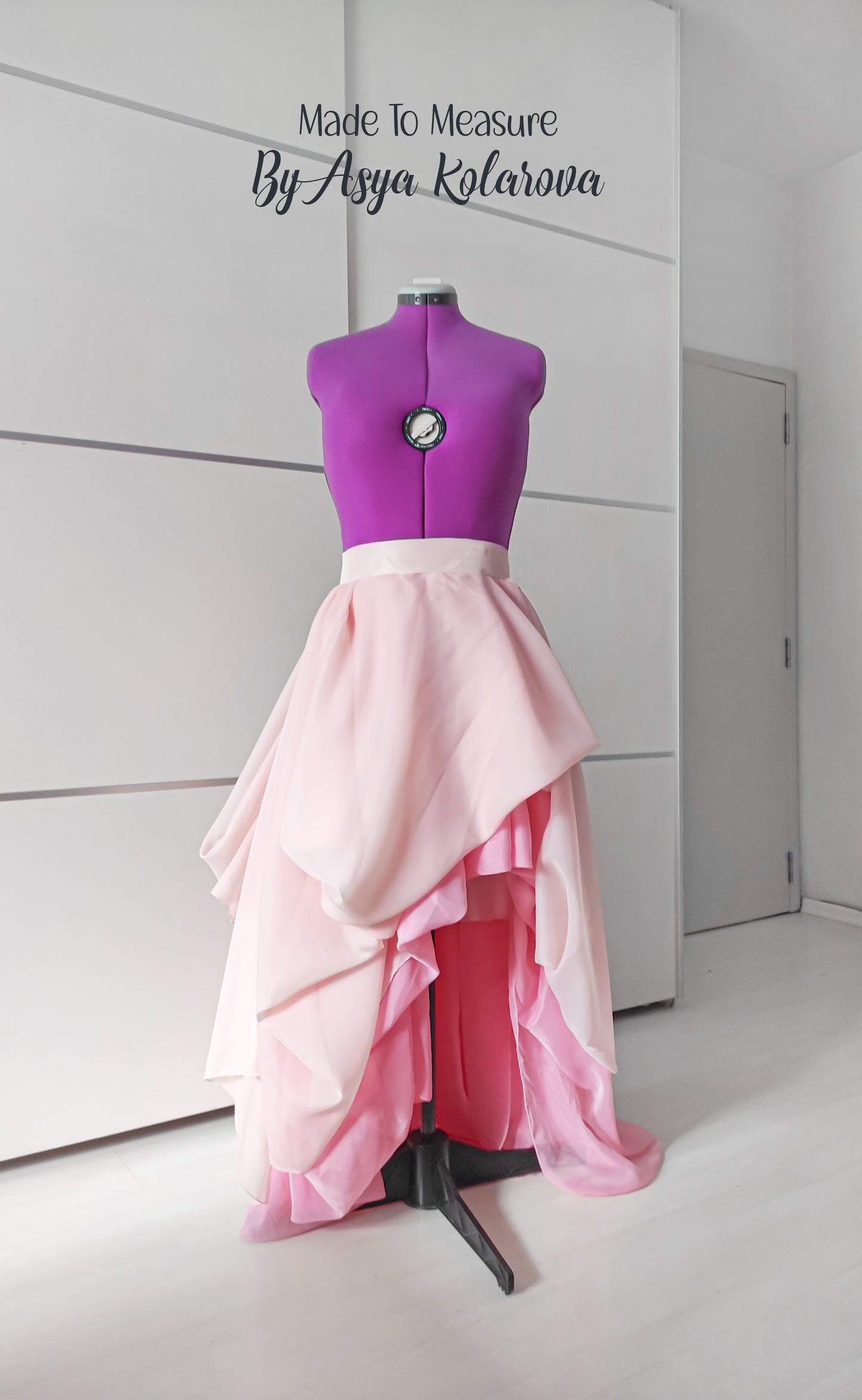 Asymmetrical Draped Skirt - Short Front, Long Back, Sheer Layers in Nude and Rose Pink with Lining Custom by Asya Kolarova