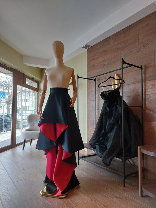 Asymmetrical Satin Skirt: Black / Red Formal Gown, Formal Evening Wear Custom Dress Separate - By Asya Kolarova