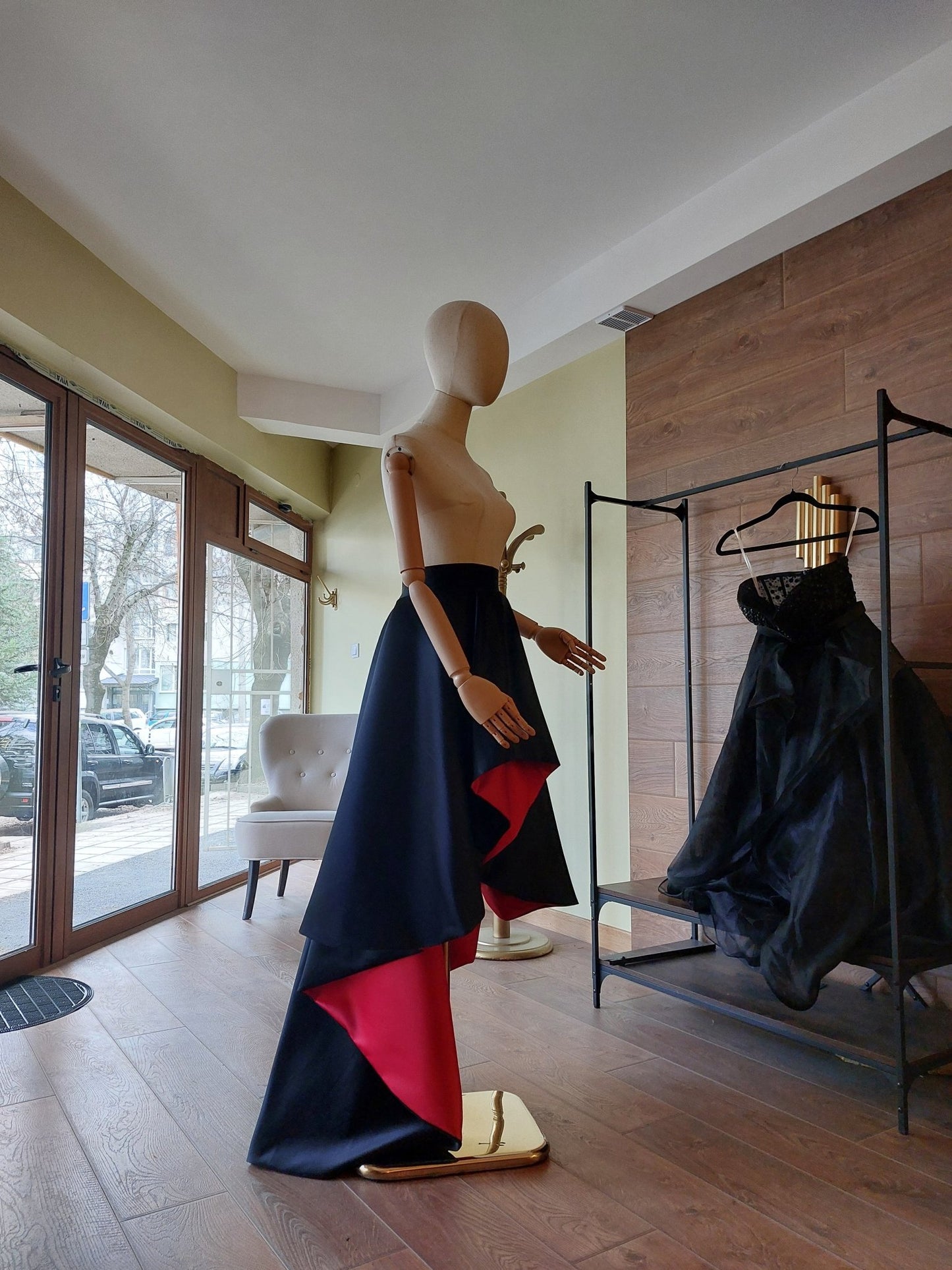 Asymmetrical Satin Skirt: Black / Red Formal Gown, Formal Evening Wear Custom Dress Separate - By Asya Kolarova