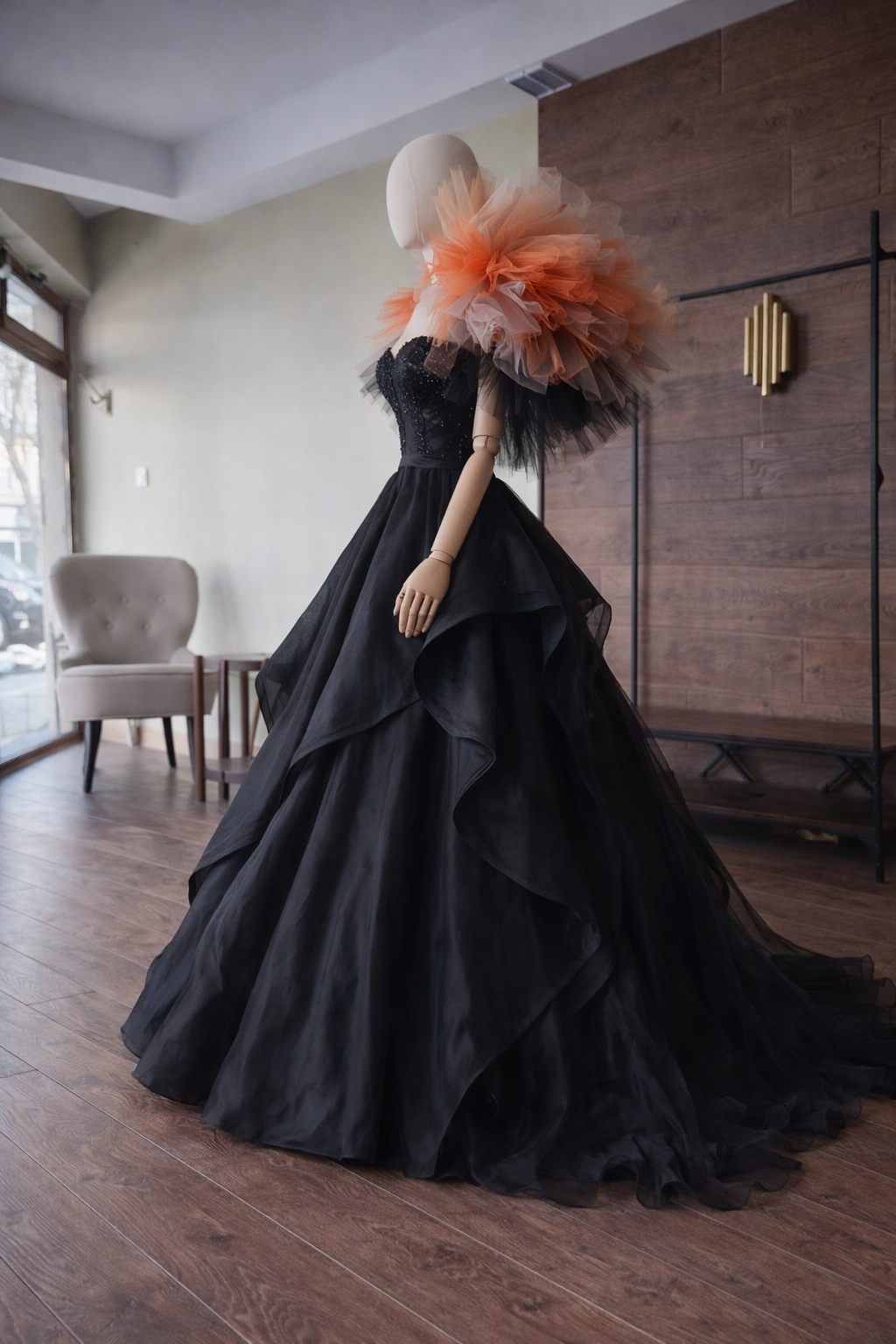 Dramatic couture black dress with architectural silhouette and statement collar shawl by designer Asya Kolarova
