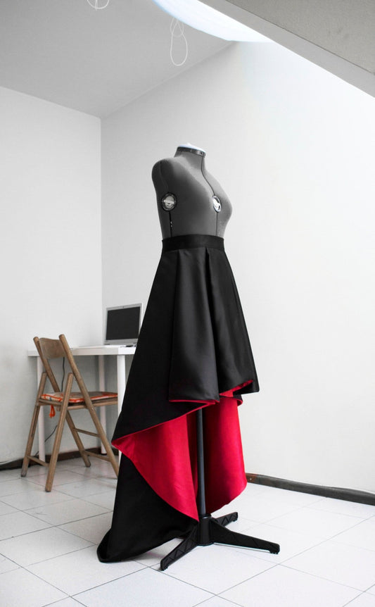 Black and Red High Low Satin Skirt • Formal Custom Skirt • Matte Ball Gown with Back Zipper • Unique Evening Skirt - Made To Measure Skirts By Asya Kolarova