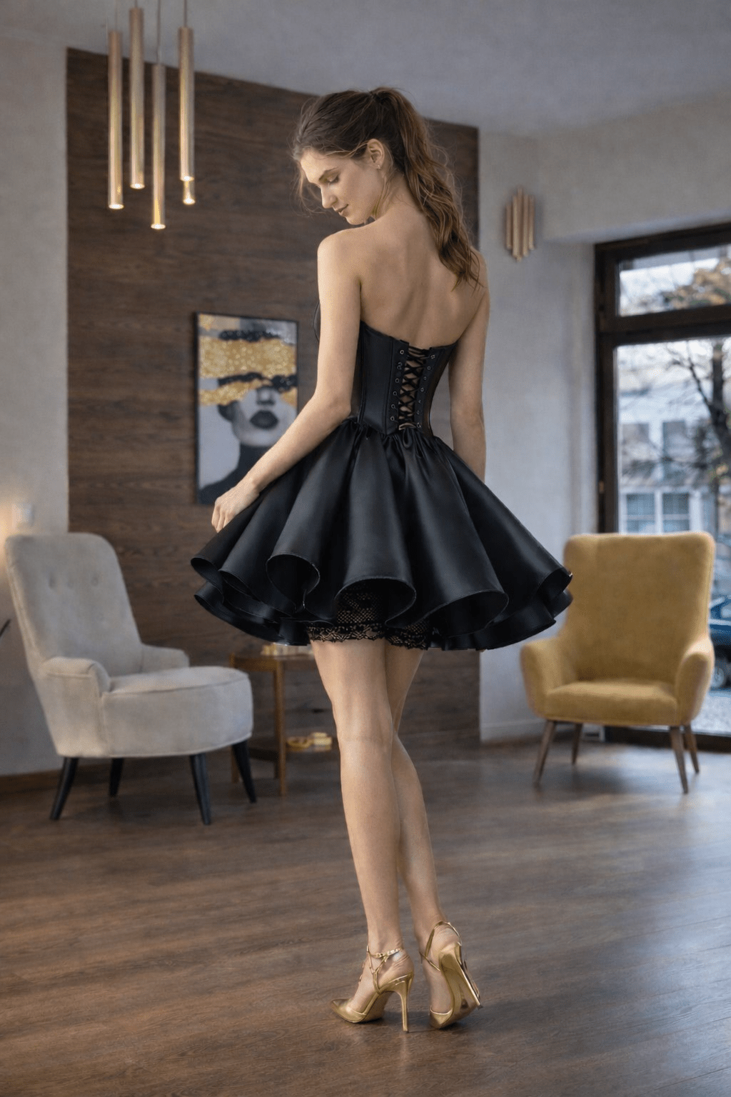 black corset short dress Black Corset Mini Dress – Structured Strapless Satin Dress with Sheer Panels & Volume Skirt