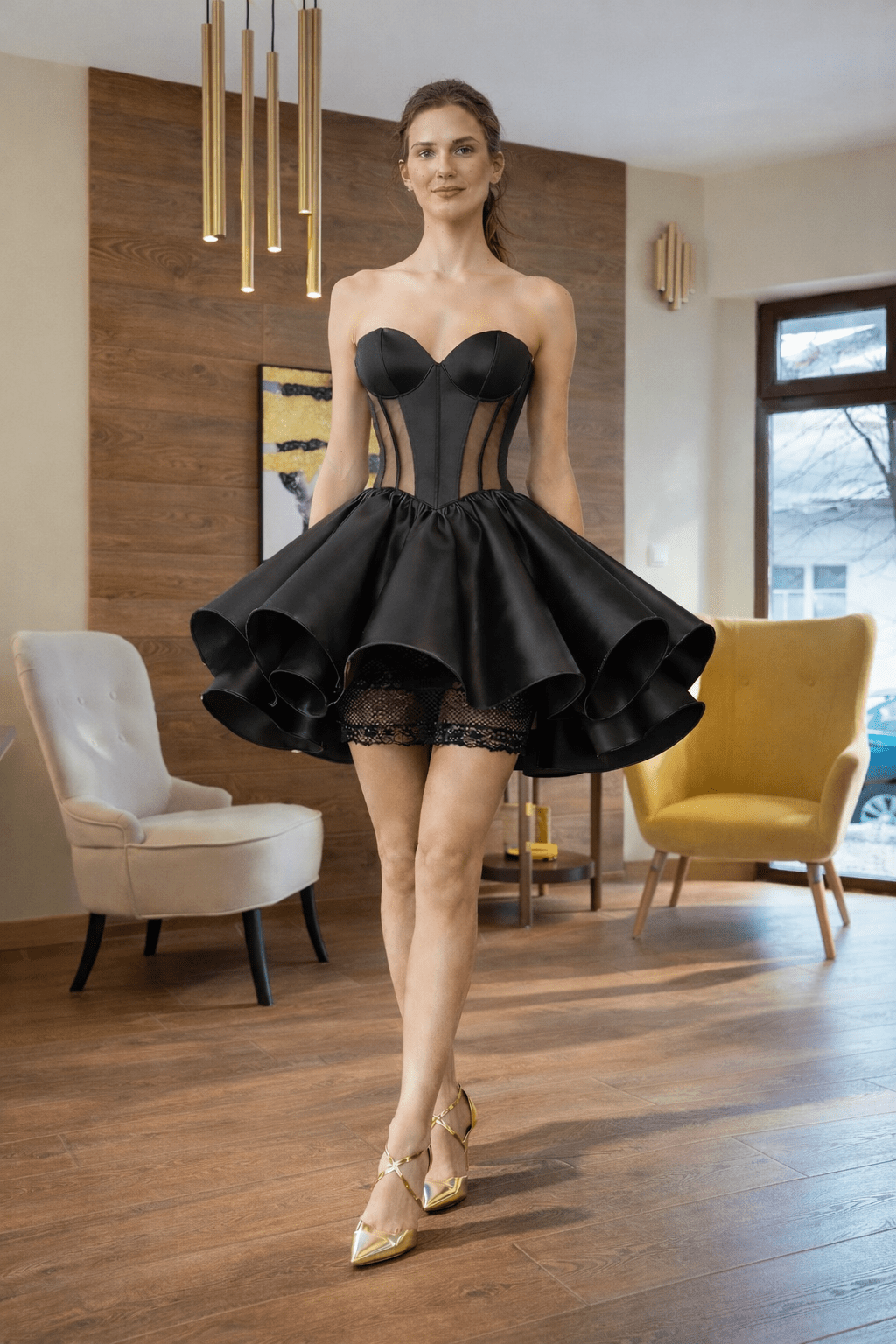 Black Corset Mini Dress – Structured Strapless Satin Dress with Sheer Panels & Volume Skirt - Asya Kolarova