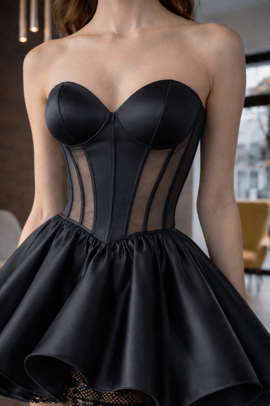 black corset mini dress Black Corset Mini Dress – Structured Strapless Satin Dress with Sheer Panels & Volume Skirt