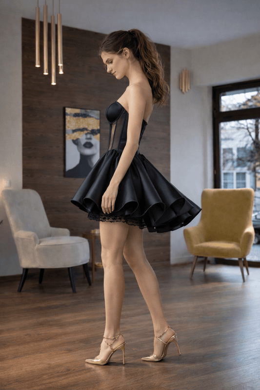 Black Corset Mini Dress – Structured Strapless Satin Dress with Sheer Panels & Volume Skirt - Asya Kolarova