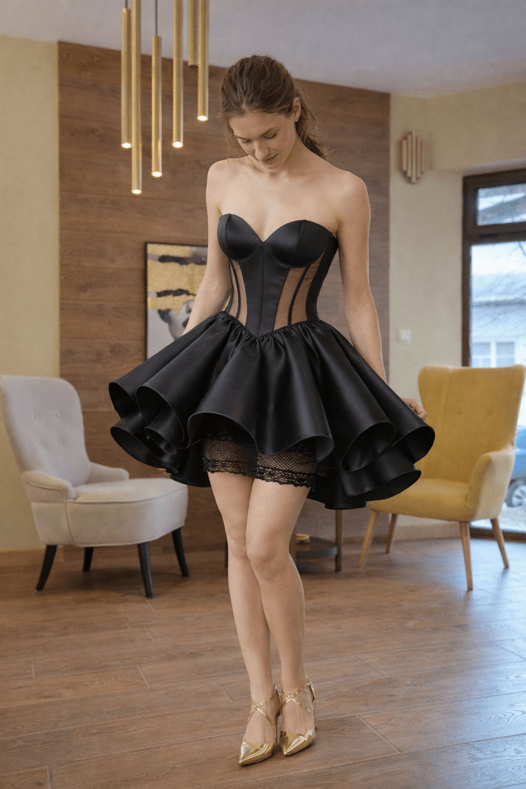 Black Corset Mini Dress – Structured Strapless Satin Dress with Sheer Panels & Volume Skirt - Asya Kolarova