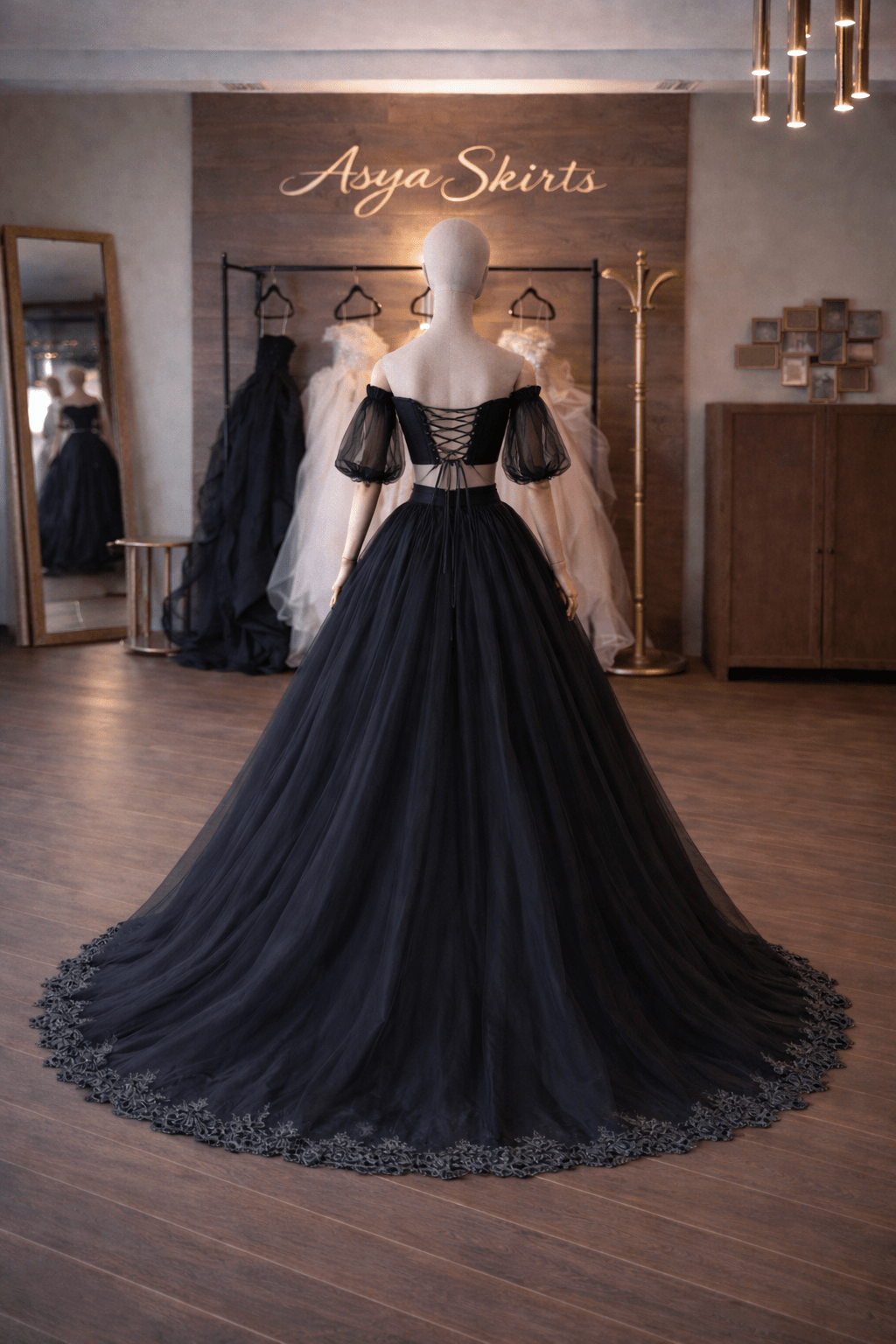 Black Organza Ball Gown Set – Satin Corset, Organza Skirt and Sleeves | Lace Decoration | Custom Made - By Asya Kolarova