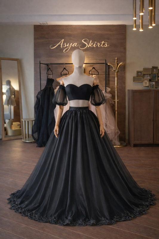 Black Organza Ball Gown Set – Satin Corset, Organza Skirt and Sleeves | Lace Decoration | Custom Made - By Asya Kolarova