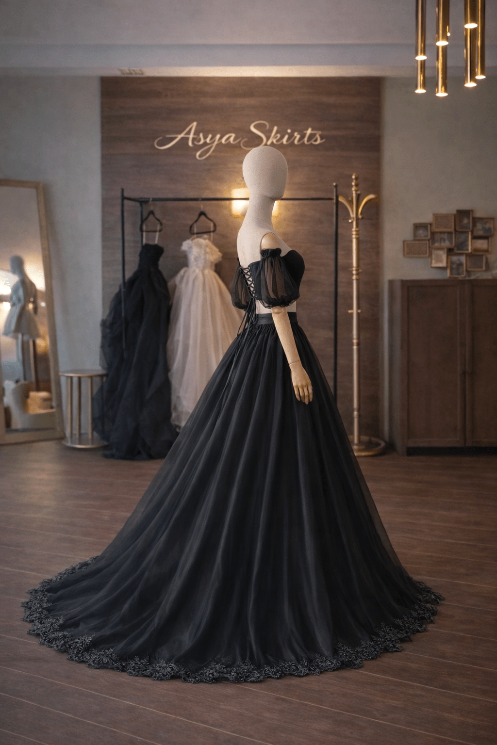 Black Organza Ball Gown Set – Satin Corset, Organza Skirt and Sleeves | Lace Decoration | Custom Made - By Asya Kolarova