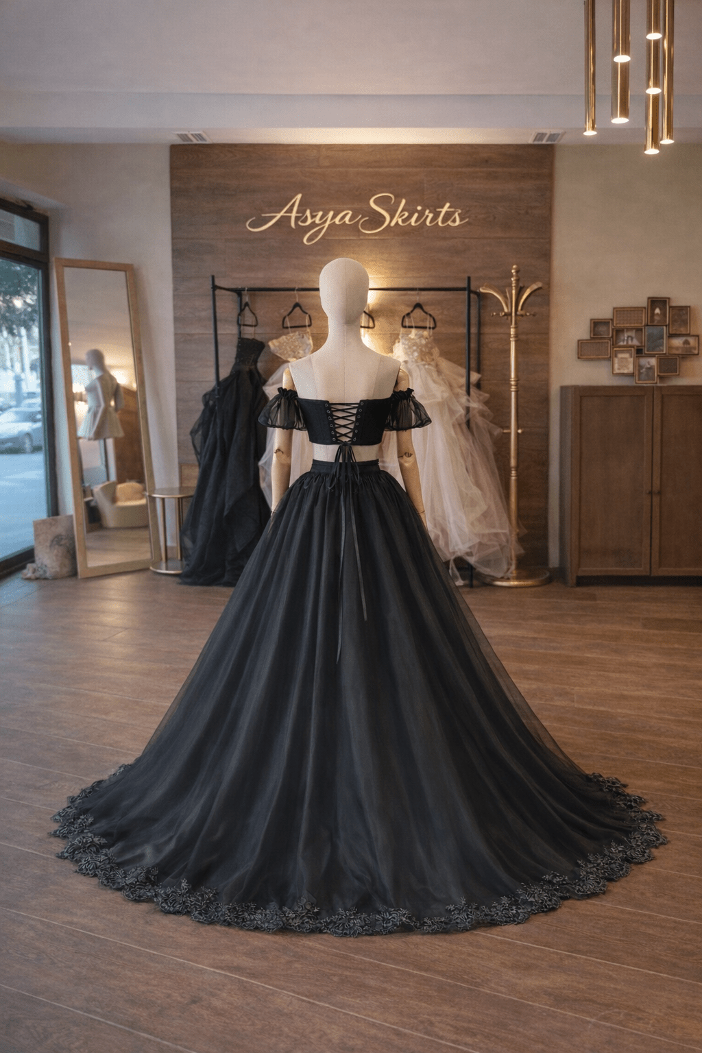 Black Organza Ball Gown Set – Satin Corset, Organza Skirt and Sleeves | Lace Decoration | Custom Made - By Asya Kolarova
