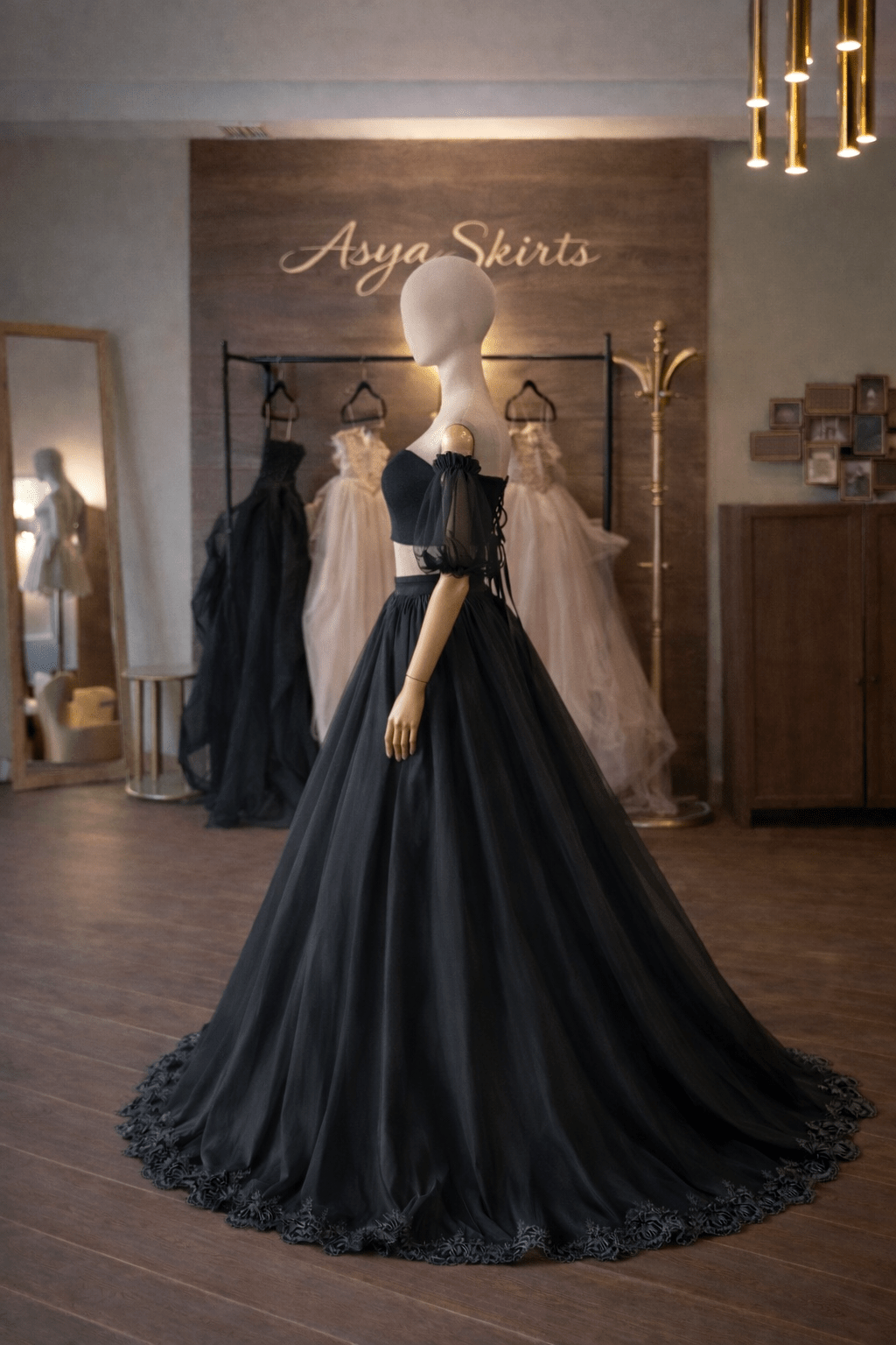 Black Organza Ball Gown Set – Satin Corset, Organza Skirt and Sleeves | Lace Decoration | Custom Made - By Asya Kolarova