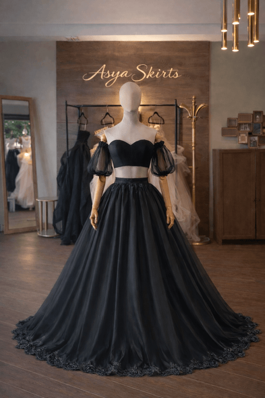 Black Organza Ball Gown Set – Satin Corset, Organza Skirt and Sleeves | Lace Decoration | Custom Made - By Asya Kolarova