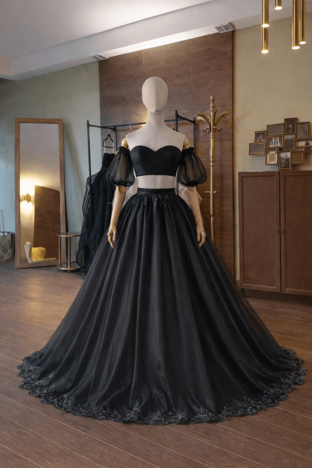 Black Organza Ball Gown Set – Satin Corset, Organza Skirt and Sleeves | Lace Decoration | Custom Made - By Asya Kolarova