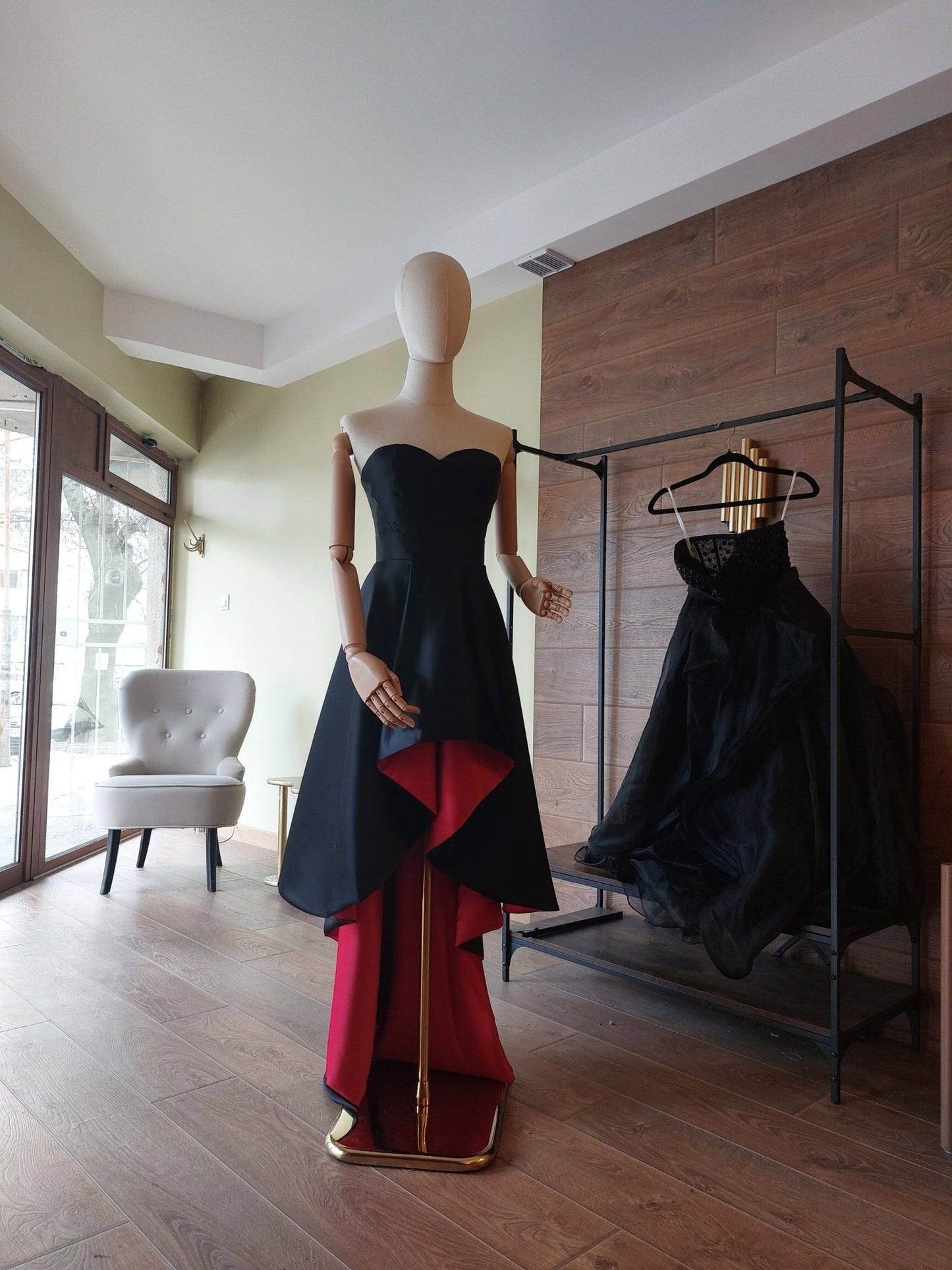 Black & Red Satin Corset and High - Low Skirt Set | Hourglass Corset with Quilted Cups | Couture Evening Outfit - Made To Measure By Asya Kolarova