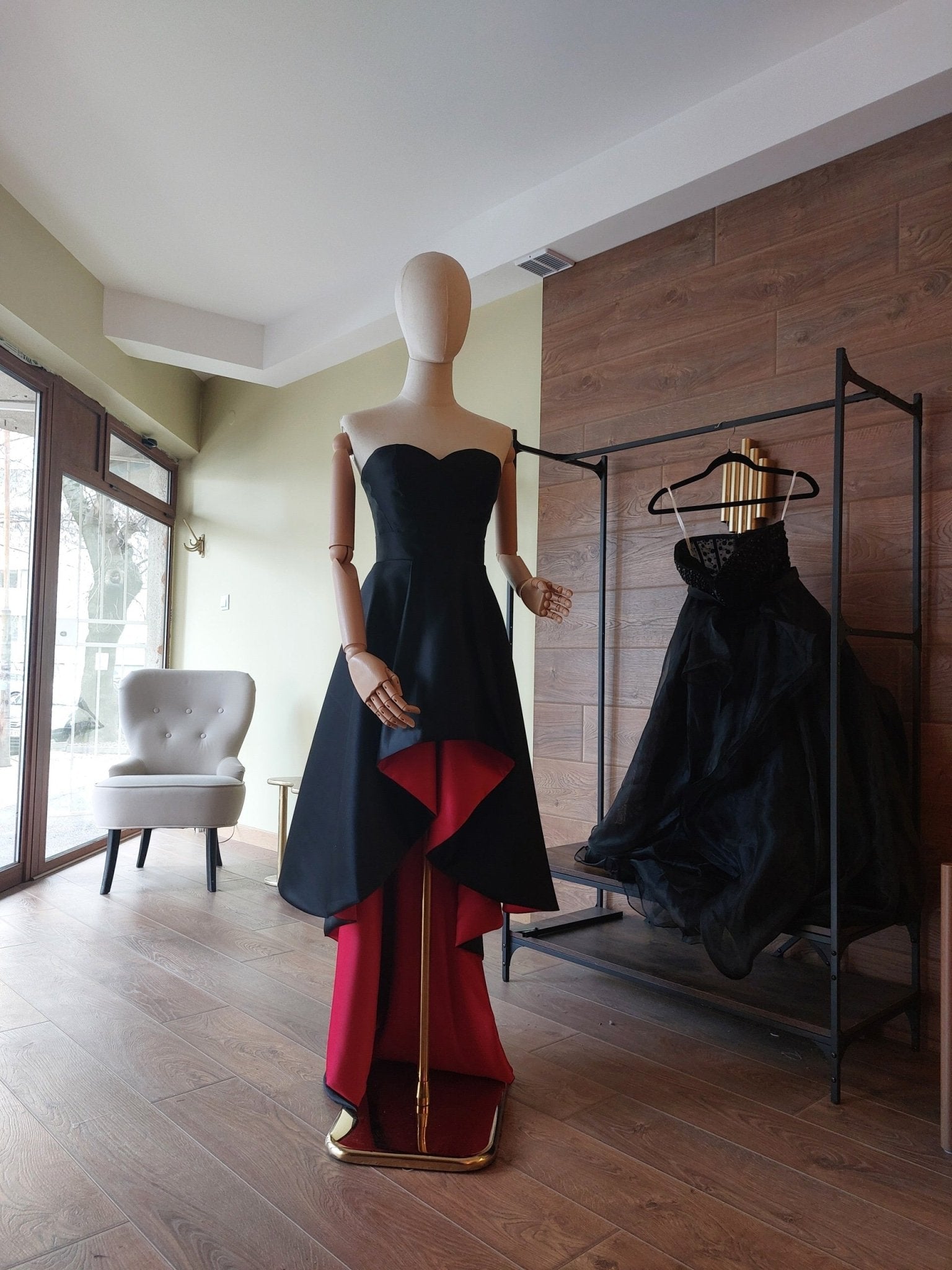 Black & Red Satin Corset and High - Low Skirt Set | Hourglass Corset with Quilted Cups | Couture Evening Outfit - Made To Measure By Asya Kolarova