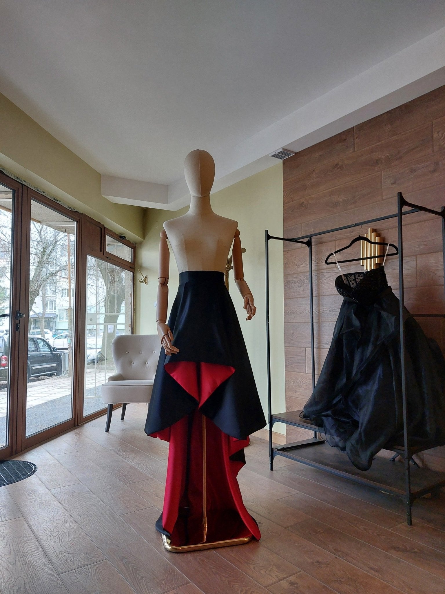 Black & Red Satin Corset and High - Low Skirt Set | Hourglass Corset with Quilted Cups | Couture Evening Outfit - Made To Measure By Asya Kolarova